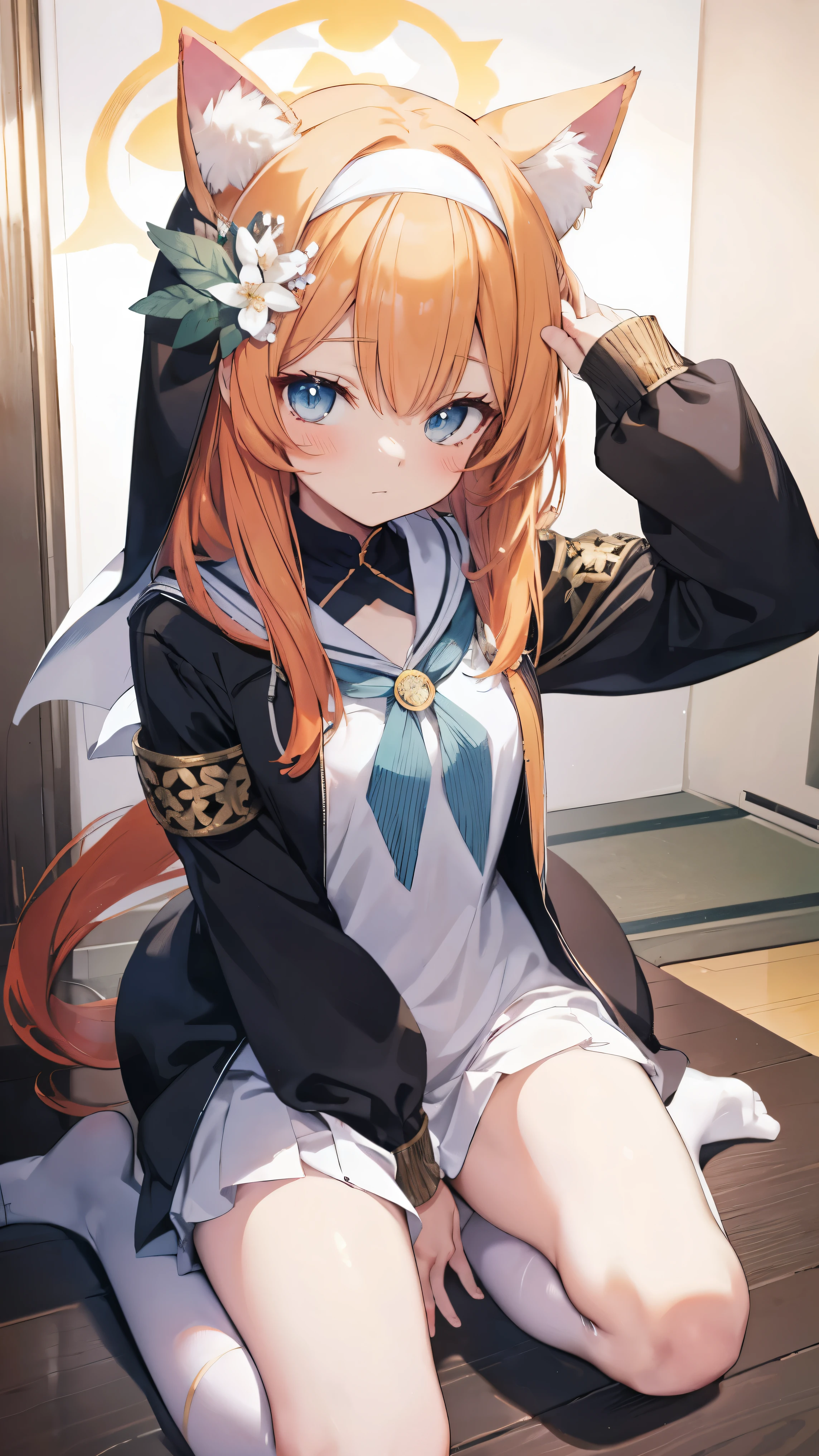 Marie、masterpiece、Best image quality、最high quality、Good looking girl (blush, Perfect Face), independent , Looking into the camera, masterpiece, Anime art style, Cute Characters, Most detailed, high quality、Shiny Hair、Very fine and beautiful bright eyes、Very detailed, clear and beautiful face, Awards, Anatomically correct、Cat ear、Orange Hair、Lolita、Small breasts、uniform、Hooded、Association