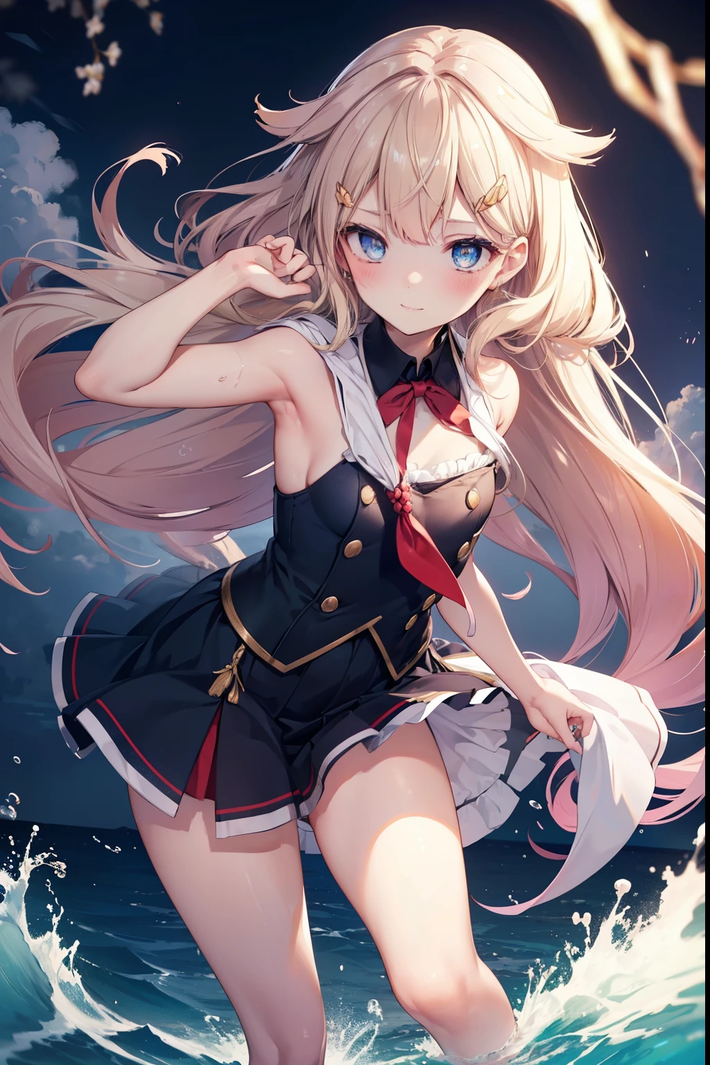 Shower、blush,smile、Blonde、Long Hair、uniform、Fighting at sea、Primary school students、The back is very small、ta、Small breasts、Please show me your armpits、exterior: 14 yulder Bare、The clavicle is visible、Sexy thighs、Beautiful feet、Usual hairstyle、highest quality, High resolution, unity 8k wallpaper, (shape:0.8), (Beautiful and beautiful eyes:1.6), Highly detailed face, Perfect lighting, Extremely detailed CG, (Perfect hands, Perfect Anatomy),