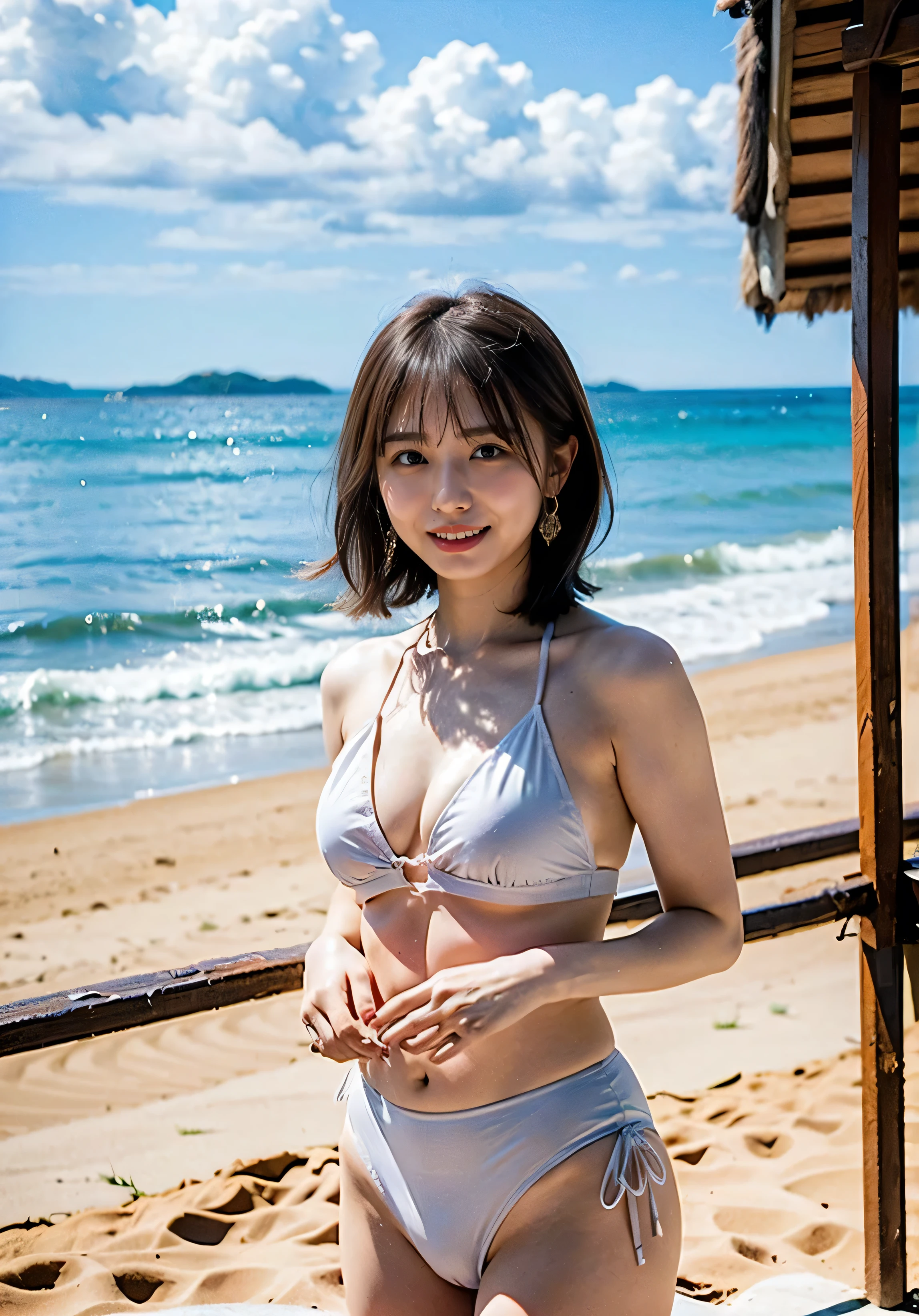 I'm on the coastal line.、ponytail、bikini、Chest enhancement、((I'm in Sandy Beach、The sunlight pouring down、Cute bikini、Have fun in the water at the coastal、Laugh out loud:1.0.Cleavage:1.2))There is cleavage、Small earrings、Laugh out loud、、Fluffy perm hair、Braided hair only for the bangs、Light brown hair、{{Cowgirl Shot}}、((Close-up shot from the waist up、round big breasts:1.4))、Swollen breasts、Smile、A luxurious blue gingham check bikini、Braided hair only for the bangs、Cowboy Shot、A lovely smile、((Beach、coastal、Sandy Beach:1.0))、Full body photo、Tuck your hair behind one ear、Silver Necklace、smile、 elegant ponytail、Caustics、Highly detailed photos、Very beautiful eyeedium Short Hair、Large Breasts、Super no makeup、(8k、RAW Photos、highest quality、masterpiece:1.2)、(Realistic、Realistic)、1 girl、((Medium Short Hair、Looking into the camera:1.4))、Hair blowing in the wind。Lens flare、
