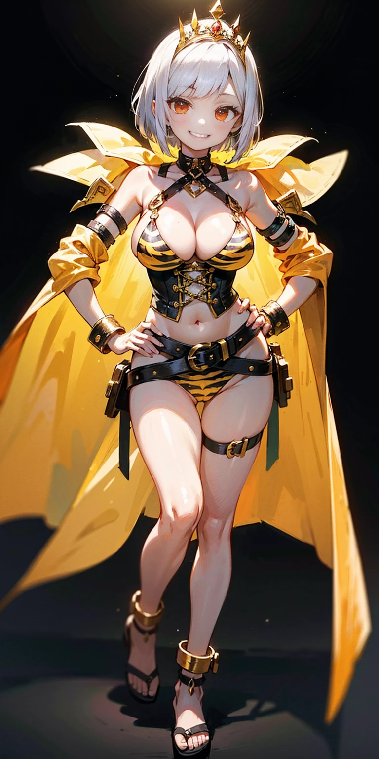 ((BLACK BACKGROUND 1:2, masterpiece)) 1solo female full body MILF BIMBO standing straight symmetrical with two long thighs, red eyes like rubies, eye focus looking to the viewer, silver white hair, short bob style hair, big knockers breastplate, breastplate, cleavage, tiara royal, long cape up to two feet, yellow bikini (yellow tiger stripes), lustful smirking smiling, smile face (red blushed, red cheeks) pauldrons metal shoulders, gold sleeveless bracelets, separate sleeves, hands on waist hands OR hips, golden bracers, metal handcuffs, leather corset, red loincloth, black leather choker slave collar, shackles bracelets, slave red crest under navel, navel, big belt around waist OR hips, feet together, metal ankle, two long thighs and two metal sandals