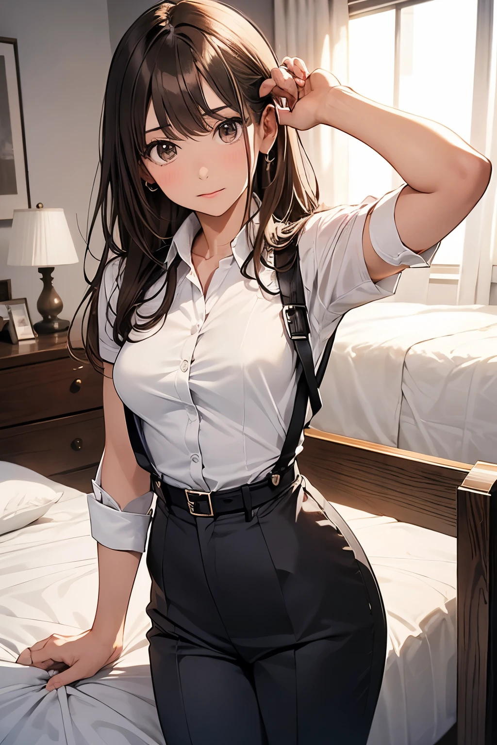 
Brown Hair、Staring at the audience　　　Black suspenders　　　bulging big breasts　　 　 　　　wall: 　Black trousers　　　　　sight　　　Small face　 　　　holster　　　Beautiful woman　　Show your hand　　 Lying in bed　　sight 　　Taunt　side　side汗 　arm　Dress shirt　Black Suit　suit　belt