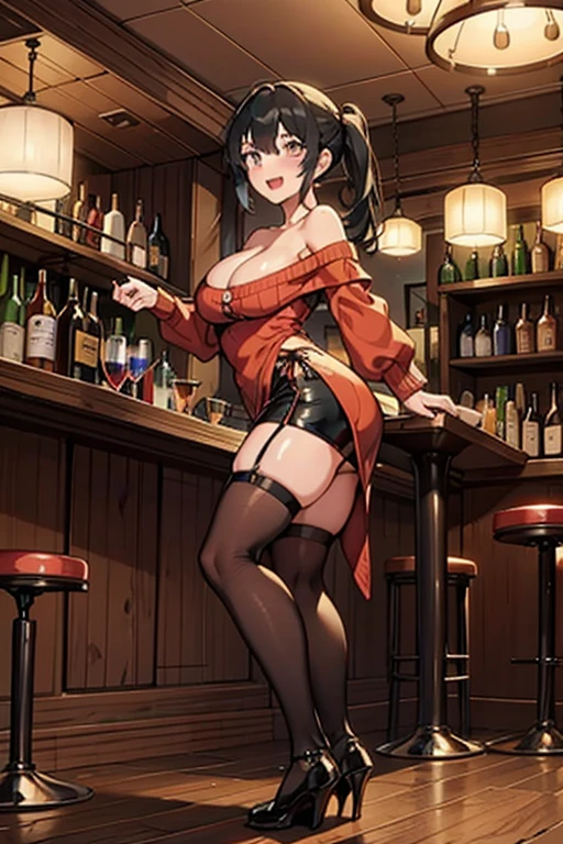 (from below:1.2),(from side:0.9), ((Face)), (Close-Up:0.4), masterpiece,"A 26-year-old girl stands at a bar counter. She is dressed in a stylish. small breast: 1.3  off-shoulder dress, sweater dress, off-shoulder sweater, red sweater,garter stocking, cleavage:1.1, midriff, black shorts, black thighhighs, thigh strap, pretty girl, (highly detailed beautiful face and eyes,firm breasts),real skin,((black,hair,long pony tail hair)),thin pubic hair,cute and lovely pose, detailed eyes, This masterpiece is only visually stunning but also tells,(double breasted:0.6,under bust:0.6),(with sparkling eyes and a contagious smile),open mouth, The bar is beautiful, with colorful bottles of alcohol in the background and a soft glow from neon lights. The atmosphere is relaxed, and the girl looks confident and fashionable,full body, sexy and cute pose,make a cocktail , in a bar counter, Looking at Viewer,
