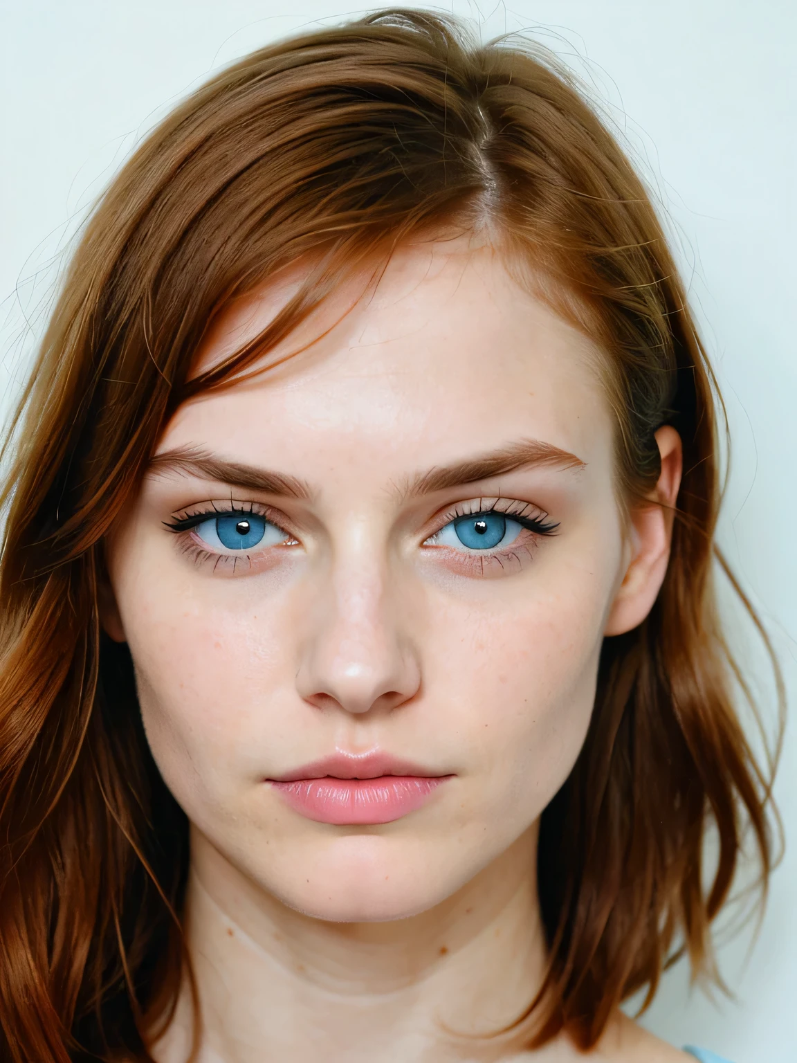 Photo of a 30-year-old girl , big light blue eyes, supermodel face, wide lips, Thin eyebrows, thin face, pointy nose, high cheekbones, long eyelashes. very short straight redhead hair, short hair, naked, athletic body, busty, no makeup, sad face, Ultra textured skin, close-up shot of her breast