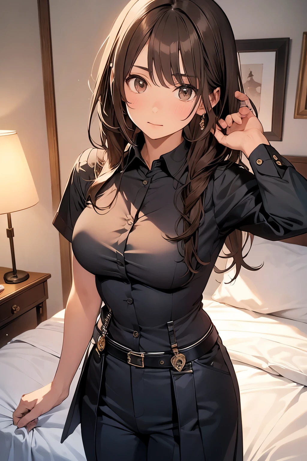 Brown Hair、Staring at the audience Black suspenders bulging big breasts wall: Black trousers sight Small face holster Beautiful woman Show your hand Lying in bed sight Taunt side side汗 arm Dress shirt Black Suit suit belt