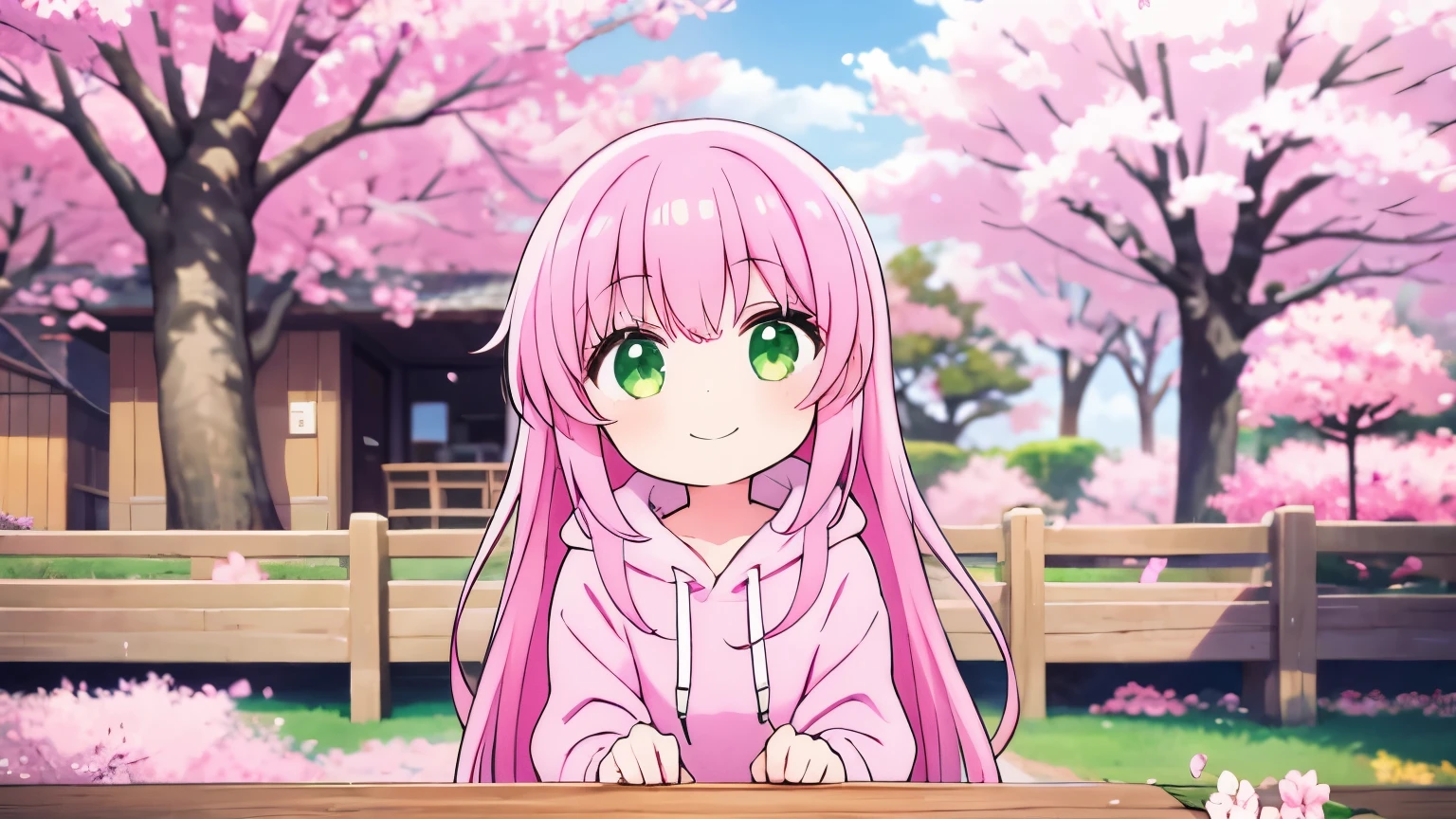 A girl with long pink hair and green eyes wearing a pink hoodie, sit, cherry blossoms, smile
