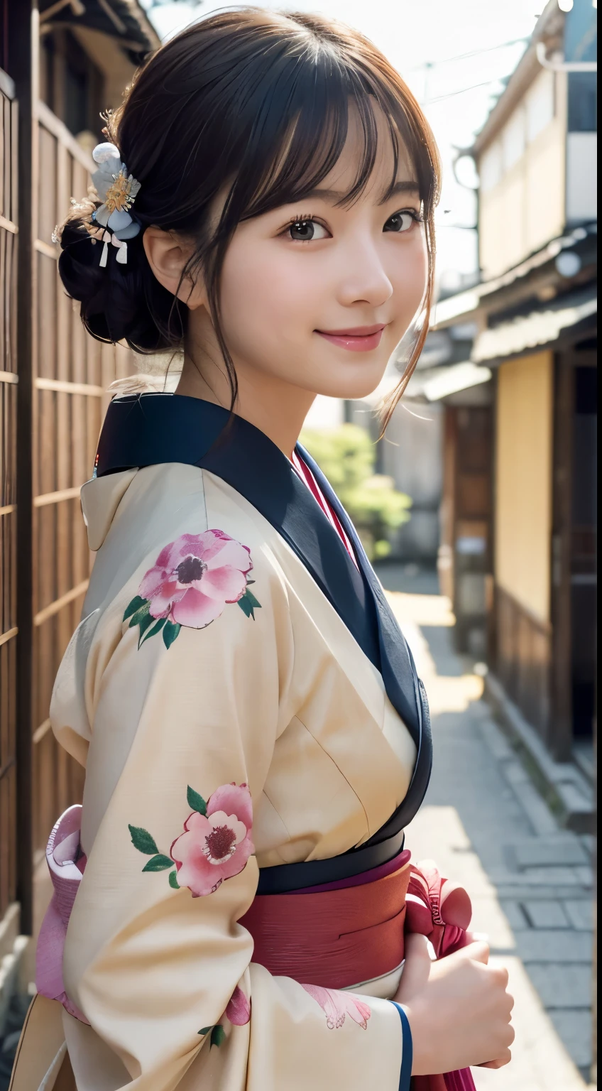 Professional Lighting,(Photorealistic:1.4), (Top image quality:1.0), (超A high resolution:1.0), 8k, Raw photography, (masterpiece:0.2), (Facing the children_v1:0.5)、(最高quality Detail:1.2)、Realistic、8K Ultra HD、High resolution、(1 girl:1.2)、超detailedな、High quality textures、複雑なdetailed、detailed、Very detailed CG、High quality shadows、detailed 美しく繊細な顔、Beautiful details and a delicate eye、(Symmetrical eyes:1.2),Written boundary depth、Ray Tracing,1 girl, Japanese Girls, (Natural smile:1.4),cute, thin, Portrait of a beautiful Japanese woman in a kimono, Standing elegantly on a street corner in Kyoto. Kimono with vibrant traditional patterns, Hair decorated with elegant and delicate hairpins, Gentle expression. (With the old streets of Kyoto in the background:1.4)、The soft light of a spring afternoon、Adding tranquility to the scene. Rendered in a Realistic style with great attention to detail, High resolutionの画像.Sky Porn, Magic Hour, (Realistic:1.3), finely, quality, (Tabletop:1.2), (Realistic:1.2), (最高quality), (複雑なdetailed), dramatic, Ray Tracing, photograph, +roller