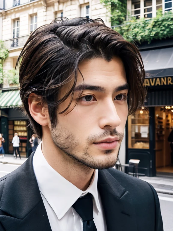 Jacket included, Attractive man, completion , Perfect Face, Beautiful and graceful straight gaze,No beard (Freshly Shaved),Japanese,a handsome guy,Paris city center、spring