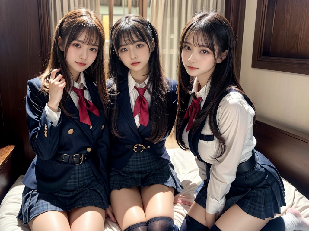 (8K, Raw photography, top-quality, ​masterpiece:1.2), master piece, best quality, illustration, Super detailed, fine details, High resolution, 8K,wall paper, perfect dynamic composition,(Details High quality, realistic depiction of eyes:1.3), ((2 girls, 2 schoolgirls)), The background is a luxury hotel room、High school girl uniform、blazer 、Super Short Check Uniform Skirt、Navy blue high socks、garterbelts、Colossal tits、Disturbed uniform, Play with each other,Touching each other's bodies,Touching the body of the girl next door, short bob hair, black hair color, huge breasts, Big Natural Color Lip, bold sexy pose, (perfect body shape), crying a little、cold gaze,  Beautiful makeup,glitter makeup,Cutest 18 years old, beautiful legs, hposing Gravure Idol, Voluptuous thighs