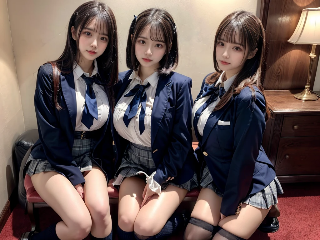 (8K, Raw photography, top-quality, ​masterpiece:1.2), master piece, best quality, illustration, Super detailed, fine details, High resolution, 8K,wall paper, perfect dynamic composition,(Details High quality, realistic depiction of eyes:1.3), ((2 girls, 2 schoolgirls)), The background is a luxury hotel room、High school girl uniform、blazer 、Super Short Check Uniform Skirt、Navy blue high socks、garterbelts、Colossal tits、Disturbed uniform, Play with each other,Touching each other's bodies,Touching the body of the girl next door, short bob hair, black hair color, huge breasts, Big Natural Color Lip, bold sexy pose, (perfect body shape), crying a little、cold gaze,  Beautiful makeup,glitter makeup,Cutest 18 years old, beautiful legs, hposing Gravure Idol, Voluptuous thighs