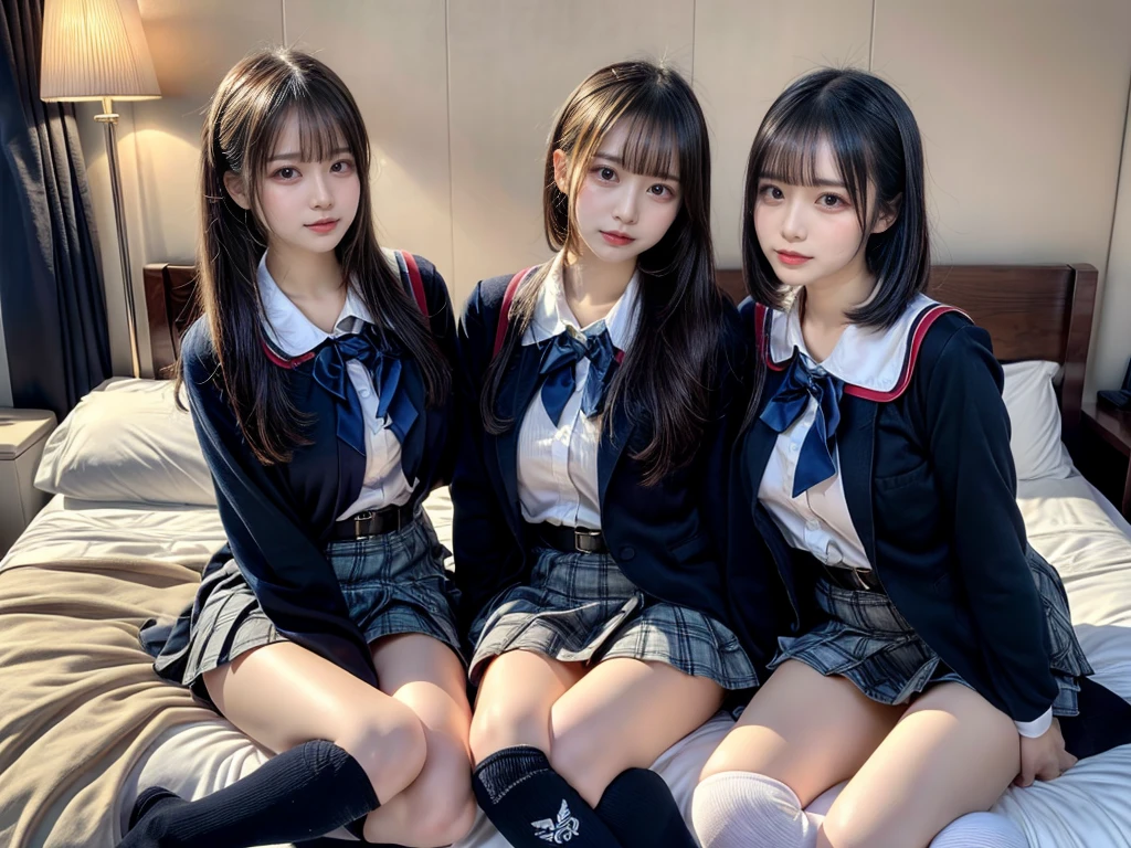 (8K, Raw photography, top-quality, masterpiece:1.2), master piece, best quality, illustration, Super detailed, fine details, High resolution, 8K,wall paper, perfect dynamic composition,(Details High quality, realistic depiction of eyes:1.3), ((2 girls, 2 schoolgirls)), The background is a luxury hotel room、High school girl uniform、blazer 、Super Short Check Uniform Skirt、Navy blue high socks、garterbelts、Colossal tits、Disturbed uniform, Play with each other,Touching each other's bodies,Touching the body of the girl next door, short bob hair, black hair color, huge breasts, Big Natural Color Lip, bold sexy pose, (perfect body shape), crying a little、cold gaze, Beautiful makeup,glitter makeup,Cutest 18 years old, beautiful legs, hposing Gravure Idol, Voluptuous thighs