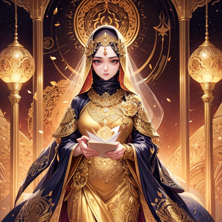 A large golden letter T, astrological sign of Leo, sakura petals, woman in hijab, intricate detailed ornate design, ornamental, symmetry, abstract, surreal, ethereal, fantasy, 4k, 8k, high resolution, photorealistic, masterpiece, vibrant colors, dramatic lighting