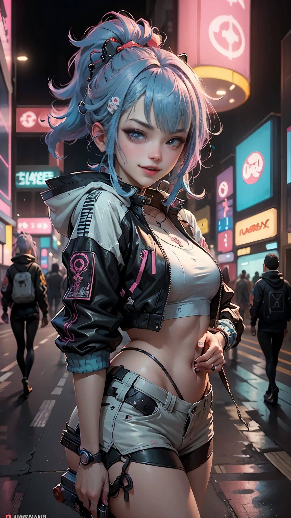 Anime masterpiece, best quality, (((2 laughing teenaged cyberpunk girls ((wearing detailed Harajuku tech jackets)) standing together for portrait))), (((Harajuku cyberpunk clothing)))), (bold colors and patterns), eye-catching accessories, trendy and innovative hairstyle))), ((insane detail)), dazzling Cyberpunk cityscape, skyscrapers, glowing neon signs, (LED lights), anime illustration, detailed skin texture, detailed cloth texture, beautiful detailed face, intricate details, ultra detailed, cinematic lighting, strong contrast, colorful.