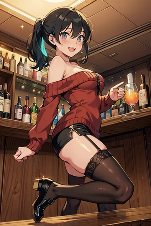 (from above:1.2),(from side:0.9), ((Face)), (Close-Up:0.4), masterpiece,"A 26-year-old girl stands at a bar counter. She is dressed in a stylish off-shoulder dress, sweater dress, off-shoulder sweater, red sweater,garter stocking, cleavage:1.1, midriff, black thighhighs, pretty girl, (highly detailed beautiful face and eyes,firm breasts),real skin,((black,hair,long pony tail hair)),thin pubic hair,cute and lovely pose, detailed eyes, This masterpiece is only visually stunning but also tells,(small breasts:1.1,under bust:0.6),(with sparkling eyes and a contagious smile),open mouth. The bar is beautiful, with colorful bottles of alcohol in the background and a soft glow from neon lights. The atmosphere is relaxed, and the girl looks confident and fashionable.",full body, sexy pose,make a cocktail , in a bar counter, Looking at Viewer,
