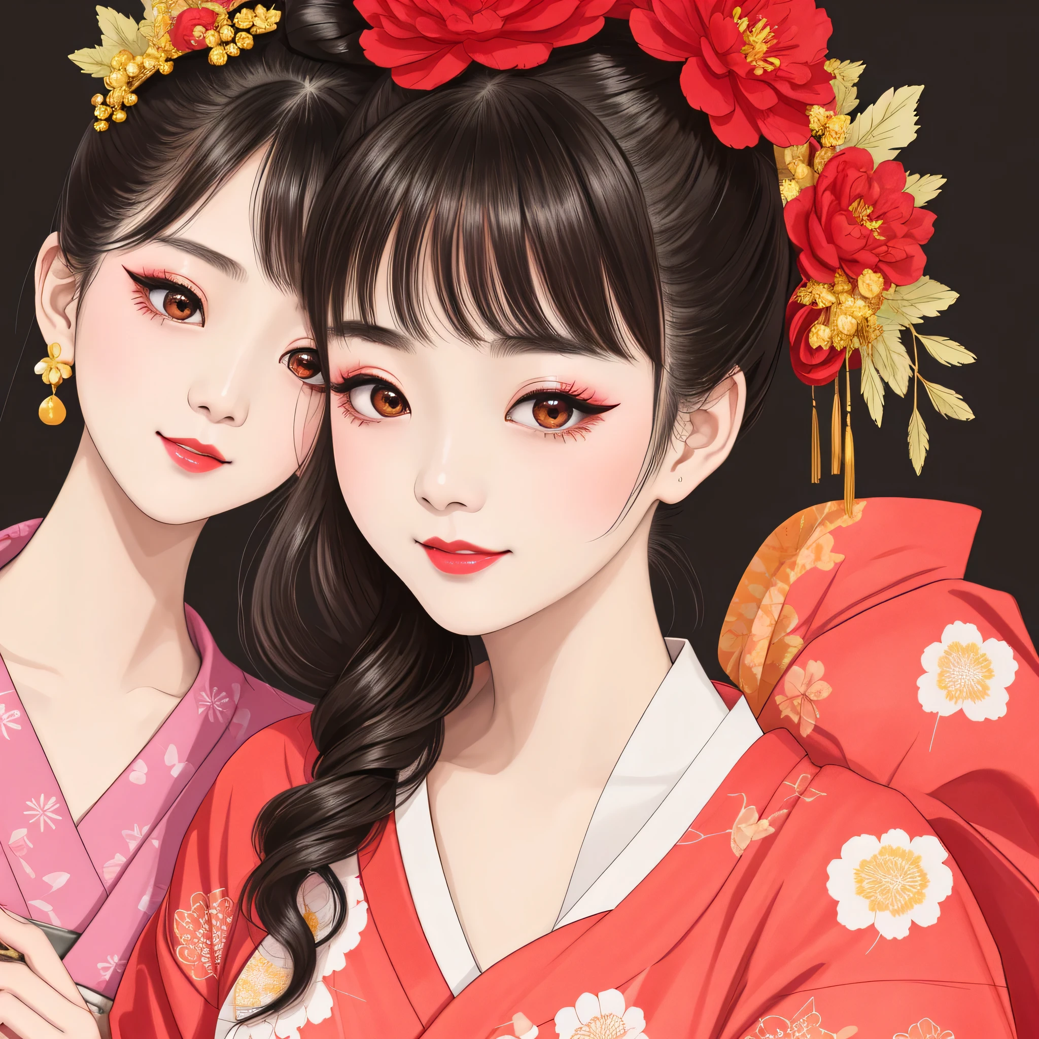 Each has a different expression2People and sisters、(2 girls)、⦅Dancing traditional arts with grace)、((Big Breasts、Small Face、Not exposed))、highest quality、masterpiece、(Black Hair、Bun Hair)、Brown Eyes、⦅Wide angle、Angle from above the waist and diagonally below、Pause on the magazine cover、Their gazes are different, gazing into the distance⦆、(8K High Quality、masterpiece、High resolution、Realistic and beautiful light and shadow、(highest quality)、(High Resolution)、(Very delicate and beautiful)、(Beautiful 8k face)、(With a smile、Beautiful eyes)、(Clear skin)、(Soft hair)、(8Head to Body)、(A Japanese style yukata kimono with red, pink and orange floral patterns on a white background, interspersed with gold powder、Five beautiful Japanese girls wearing yukata)、((Tanabata decoration background))、((Small Face))、(arms up)、Thin and small nose、(Red lipstick)、(Make your cheeks red)、(Glossy skin)、((Ink painting style))、Very thin eyebrows、Overall ultra-high image quality、(She is wearing maiko-style makeup.)、Whitening、Long and beautiful eyelashes、Glowing Skin、(Red cheeks),Straight nose、masterpiece、highest quality、whole body、 Eyebrows visible through hair、Bun Hair、Grin、Gal、Gal、Viewer's Eyes、Plaid、Stylish、woman、fine、Pause、
Waiting to start