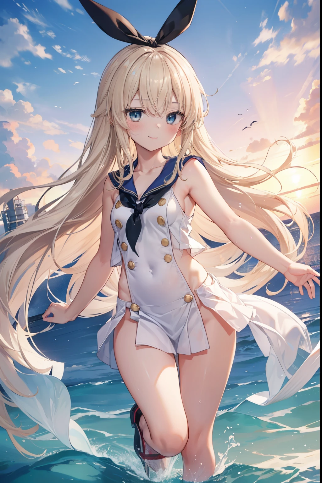 Island Breeze、blush,smile、Blonde、Combat Uniform、Sailor suit、Long Hair、Fighting at sea、Primary school students、The back is very small、****ta、Small breasts、Please show me your armpits、exterior: ************、Shoulder Bare、The clavicle is visible、Sexy thighs、Beautiful feet、Usual hairstyle、highest quality, High resolution, unity 8k wallpaper, (shape:0.8), (Beautiful and beautiful eyes:1.6), Highly detailed face, Perfect lighting, Extremely detailed CG, (Perfect hands, Perfect Anatomy),