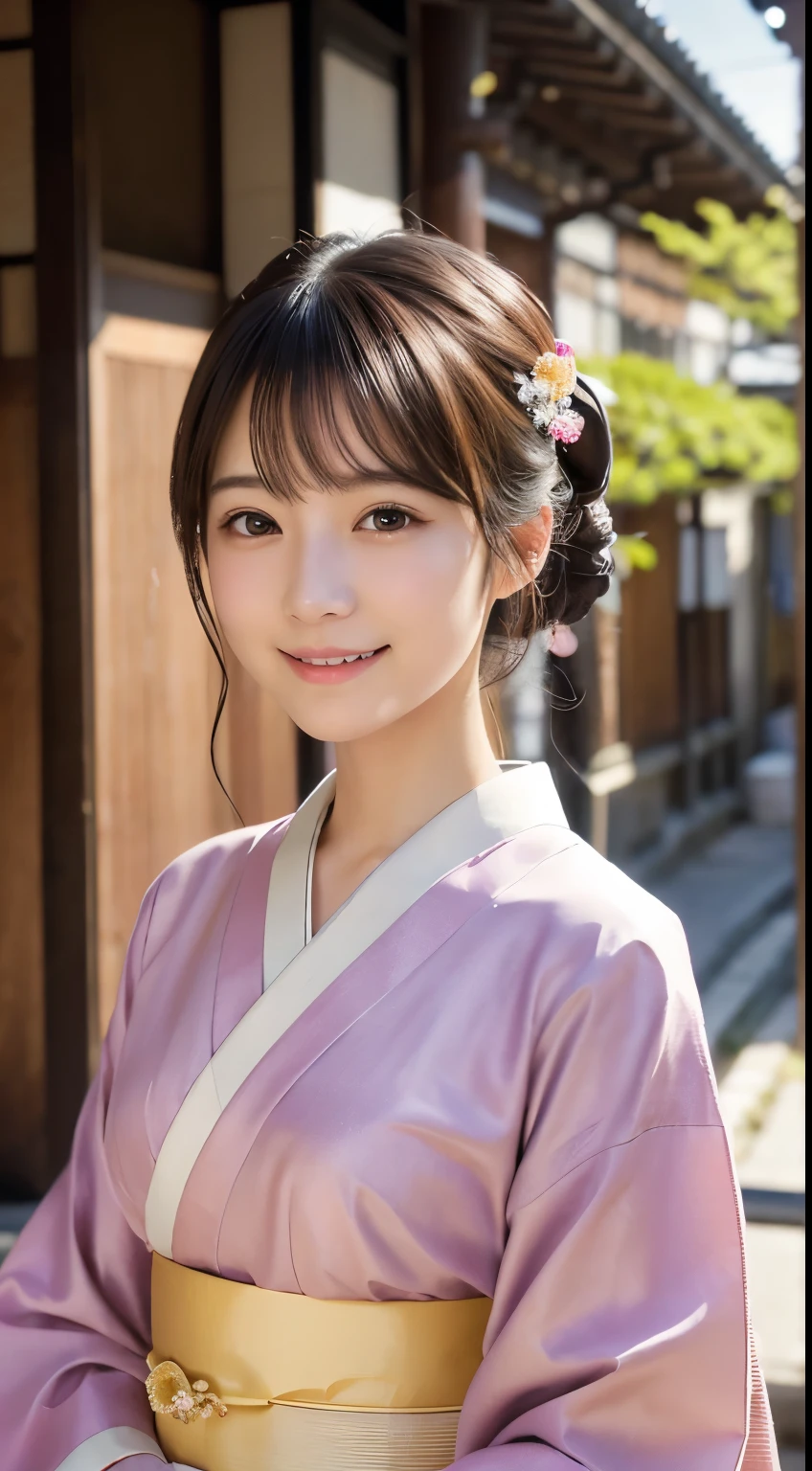 Professional Lighting,(Photorealistic:1.4), (Top image quality:1.0), (超A high resolution:1.0), 8k, Raw photography, (masterpiece:0.2), (Facing the children_v1:0.5)、(最高quality Detail:1.2)、Realistic、8K Ultra HD、High resolution、(1 girl:1.2)、超detailedな、High quality textures、複雑なdetailed、detailed、Very detailed CG、High quality shadows、detailed 美しく繊細な顔、Beautiful details and a delicate eye、(Symmetrical eyes:1.2),Written boundary depth、Ray Tracing,1 girl, Japanese Girls, (Natural smile:1.4),cute, thin, Portrait of a beautiful Japanese woman in a kimono, Standing elegantly on a street corner in Kyoto. Kimono with vibrant traditional patterns, Hair decorated with elegant and delicate hairpins, Gentle expression. (With the old streets of Kyoto in the background:1.4)、The soft light of a spring afternoon、Adding tranquility to the scene. Rendered in a Realistic style with great attention to detail, High resolutionの画像.Sky Porn, Magic Hour, (Realistic:1.3), finely, quality, (Tabletop:1.2), (Realistic:1.2), (最高quality), (複雑なdetailed), dramatic, Ray Tracing, photograph, +roller
