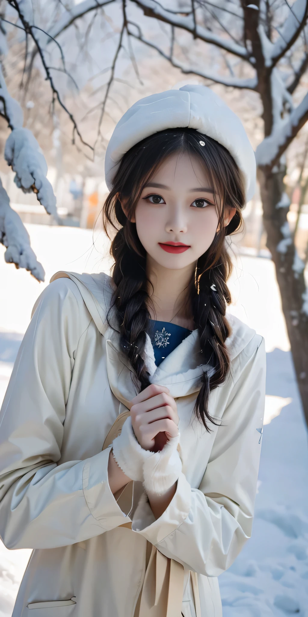 RAW photo, bokeh, Top image quality, High resolution, best quality, 8k, HDR, (photorealistic:1.5), young girl, trench coat, beanies, Winter, snowing day, (intricate details:1.37), (delicate detailed) (intricate details), (cinematic light, best quality Backlights), she stands gracefully, looking at viewer, framed by trees adorned with a pristine white blanket of snow. The sunlight gently kisses her face, illuminating her natural beauty. Her features reflect the pristine clarity of the snow, with eyes as deep and blue as sapphires. Her hair cascades softly, adorned with delicate snowflakes, creating a dreamy and innocent allure. Each step she takes is light and airy, reminiscent of petals gently dancing upon a breeze, radiating a serene and enchanting presence.