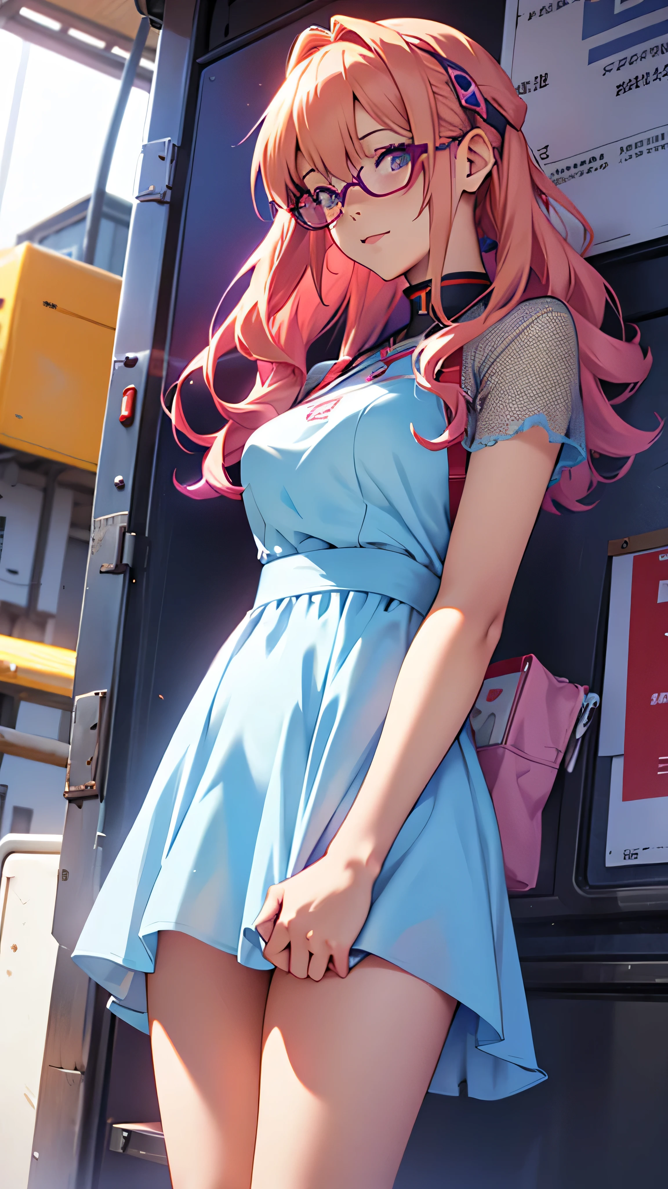 anime,An illustration,purple robot,Mobile Suit,Dom,Light blue check dress,Red glasses,Blonde,Light blue mesh hair,beautiful girl,Sora Sakurano,one person