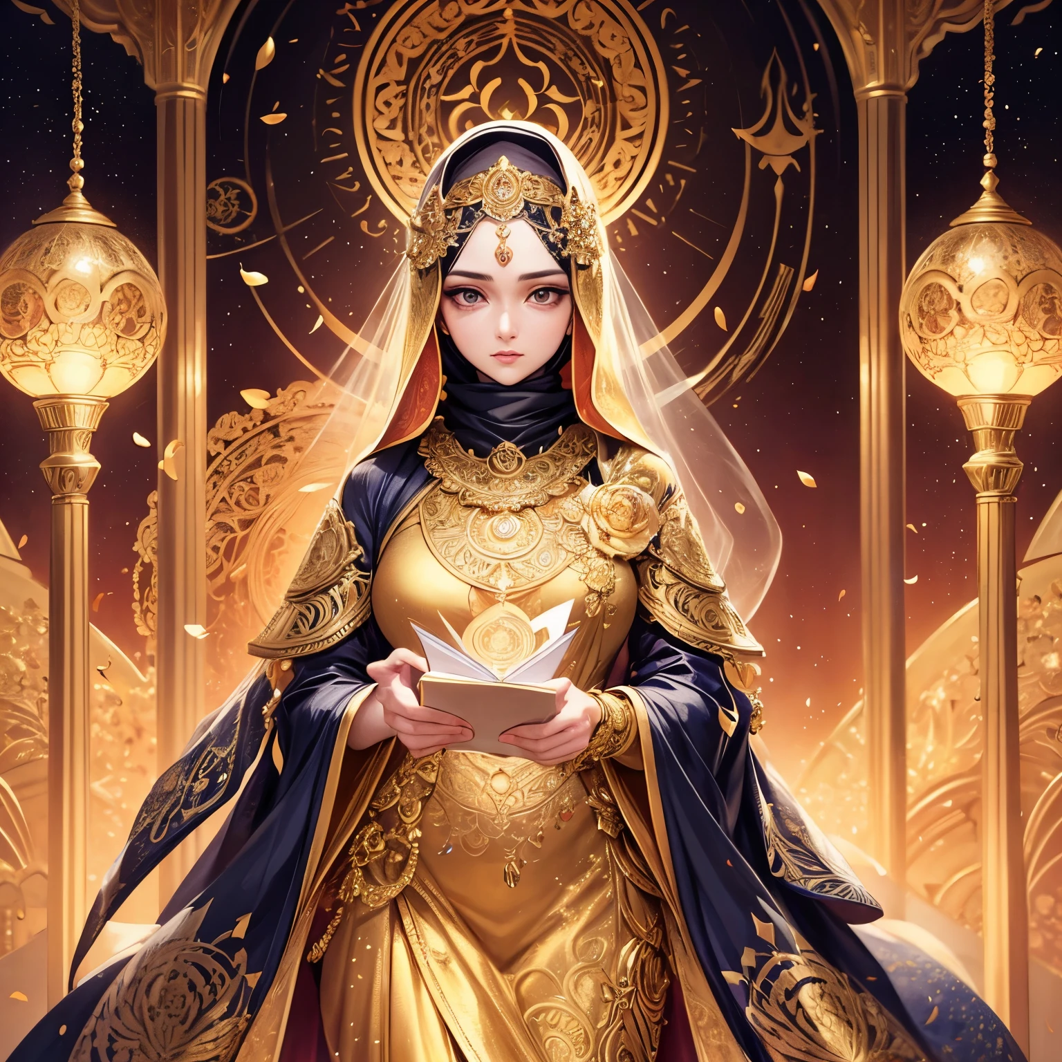 A large golden letter T, astrological sign of Leo, sakura petals, woman in hijab, intricate detailed ornate design, ornamental, symmetry, abstract, surreal, ethereal, fantasy, 4k, 8k, high resolution, photorealistic, masterpiece, vibrant colors, dramatic lighting