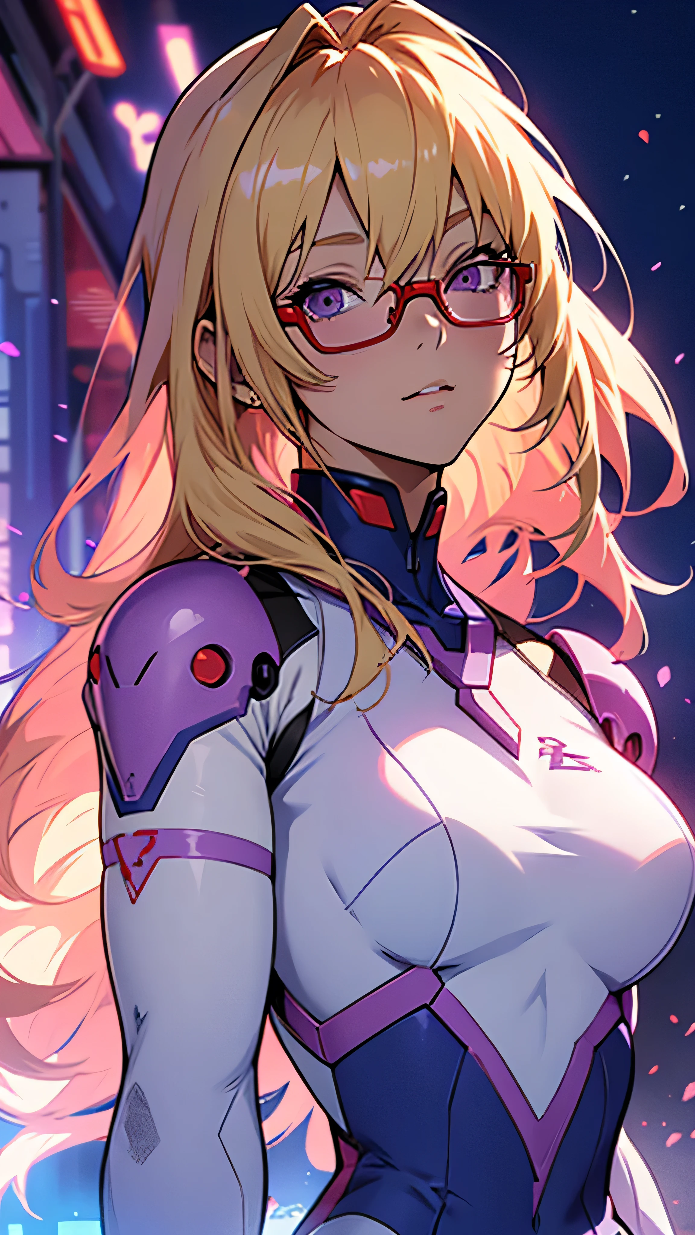 anime,An illustration,purple robot,Mobile Suit,Dom,Light blue check dress,Red glasses,Blonde,Light blue mesh hair,beautiful girl,Sora Sakurano,one person