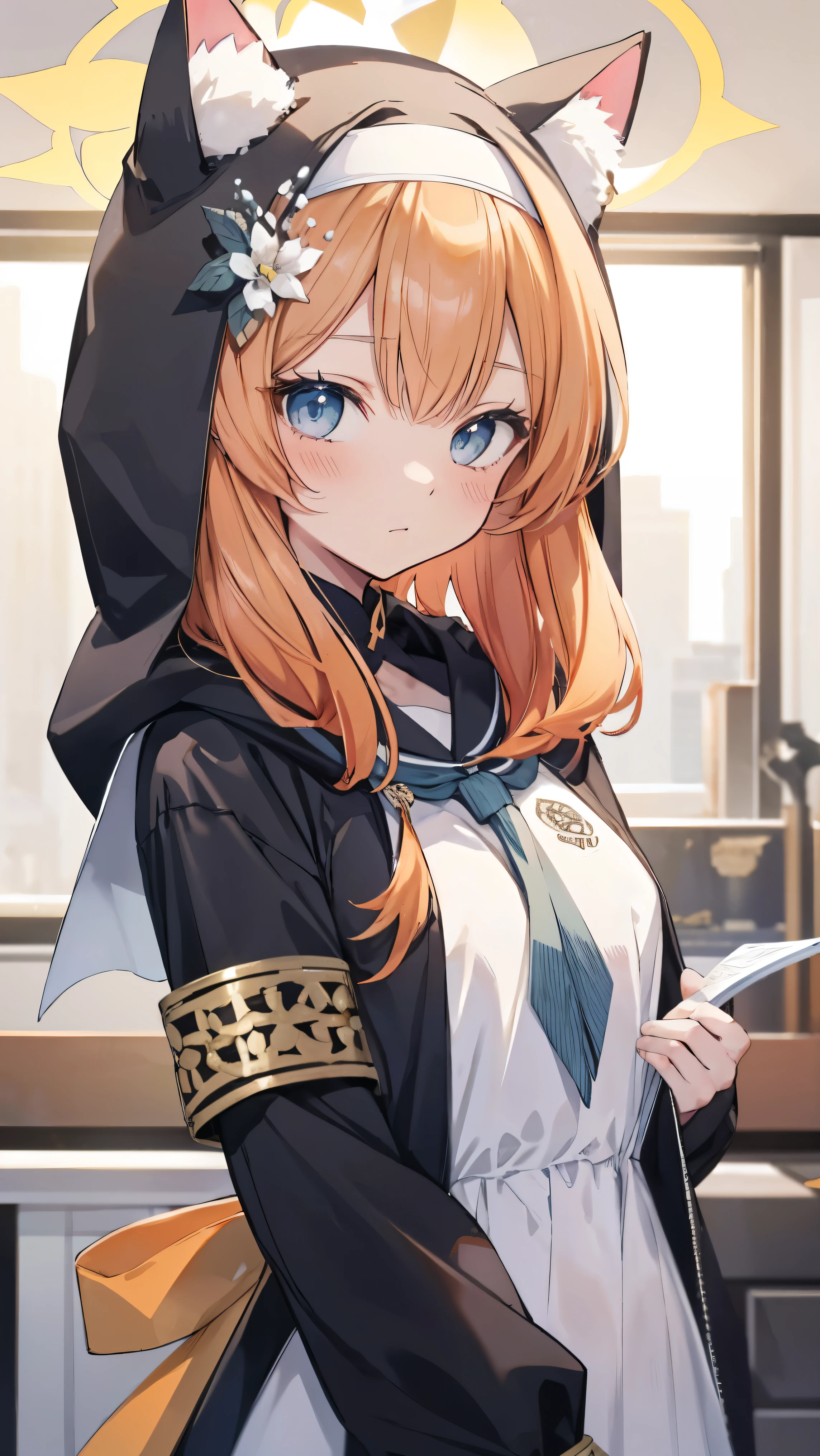 Marie、masterpiece、Best image quality、最high quality、Good looking girl (blush, Perfect Face), independent , Looking into the camera, masterpiece, Anime art style, Cute Characters, Most detailed, high quality、Shiny Hair、Very fine and beautiful bright eyes、Very detailed, clear and beautiful face, Awards, Anatomically correct、Cat ear、Orange Hair、Lolita、Small breasts、uniform、Hooded、Association