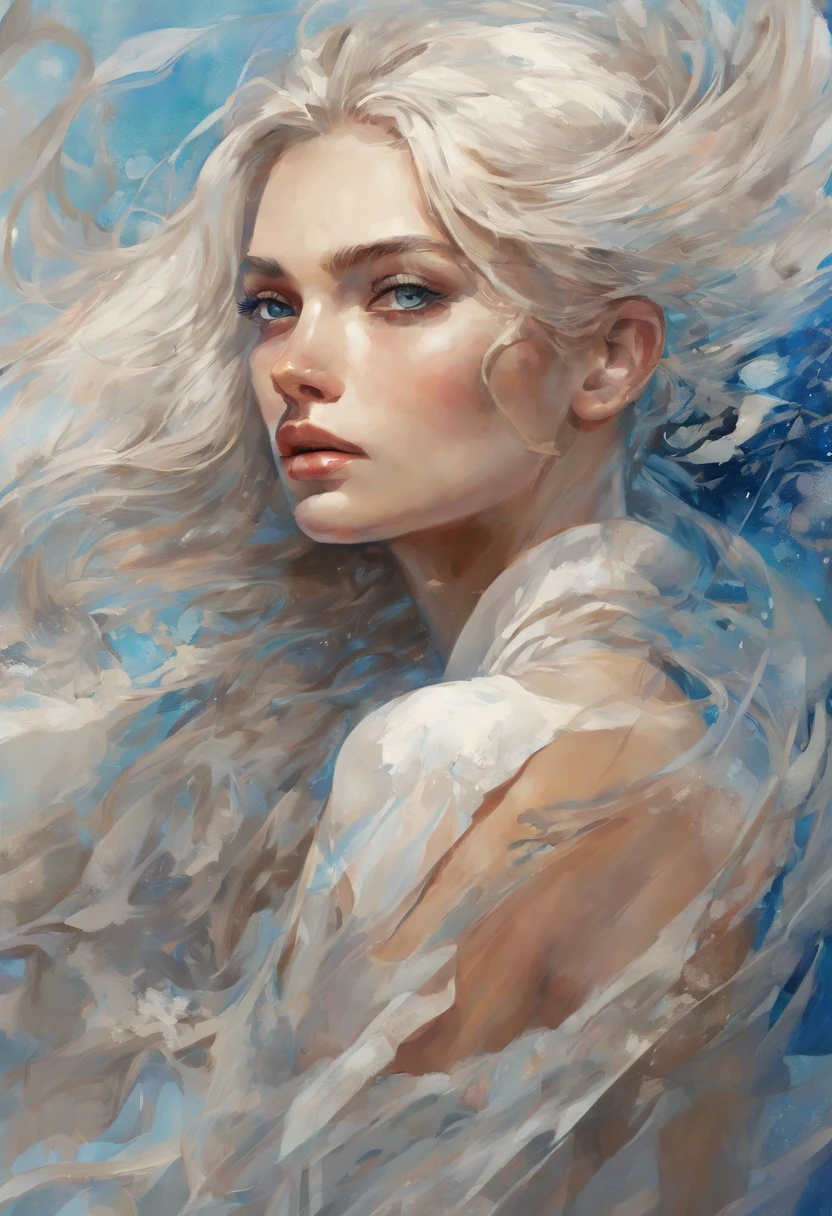 (A masterpiece, high art, watercolor, painting), large spots, splashes of color, edges tearing, dance of color, (magic of color dynamics), master's work, dynamics of seeds (at the edges), very beautiful, portrait, a sharp turn, clear gaze (eye to eye), long hair, blue eyes, white hair, blonde, cute face, tanned skin, smooth tanned skin, stands, in profile, looking around sharply, (my lower focus) looking at us (look at me, he looks over his shoulder), very beautiful, a masterpiece, perfect centralization, fantastic black goldfish, happiness, standing position, abstract beauty, centered, looking at the camera, facing the camera, approaching perfection, dynamic, very detailed, seeds, sharp focus, 8k, high resolution, illustration, art by Karn Griffiths and Vadim Kashin, Perfect centralization, Fantastic black goldfish, happiness, standing position, abstract beauty, centered, looking at the camera, Facing the camera, approaching perfection, Dynamic, very detailed, seeds, sharp focus, High quality, 8k, A masterpiece, high art, (watercolor, painting) Large spots, splashes of color, edges tearing,, dance of color, (magic, (magic of color dynamics) ), master's work, dynamics of seeds (at the edges), very beautiful, portrait. /A sharp turn to To me, a clear gaze (eye to eye) , Long hair, blue eyes, blue eyes, white hair, blonde, cute face, tanned skin, smooth tanned skin, /stands, in profile, I looked around sharply, (my lower focus) Looking at us (Look at me, He looks over his shoulder, / very beautiful, a masterpiece.