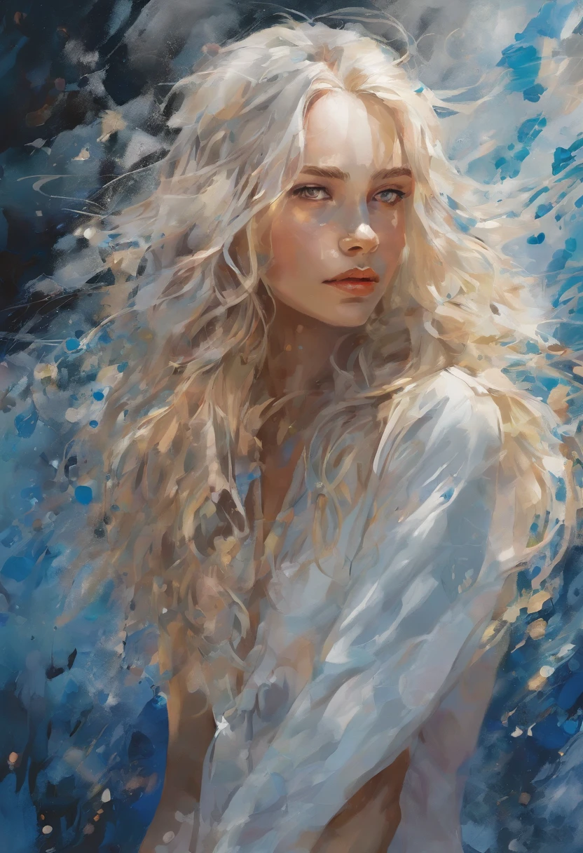 (A masterpiece, high art, watercolor, painting), large spots, splashes of color, edges tearing, dance of color, (magic of color dynamics), master's work, dynamics of seeds (at the edges), very beautiful, portrait, a sharp turn, clear gaze (eye to eye), long hair, blue eyes, white hair, blonde, cute face, tanned skin, smooth tanned skin, stands, in profile, looking around sharply, (my lower focus) looking at us (look at me, he looks over his shoulder), very beautiful, a masterpiece, perfect centralization, fantastic black goldfish, happiness, standing position, abstract beauty, centered, looking at the camera, facing the camera, approaching perfection, dynamic, very detailed, seeds, sharp focus, 8k, high resolution, illustration, art by Karn Griffiths and Vadim Kashin, Perfect centralization, Fantastic black goldfish, happiness, standing position, abstract beauty, centered, looking at the camera, Facing the camera, approaching perfection, Dynamic, very detailed, seeds, sharp focus, High quality, 8k, A masterpiece, high art,  (watercolor, painting) Large spots, splashes of color, edges tearing,, dance of color, (magic, (magic of color dynamics) ), master's work, dynamics of seeds (at the edges), very beautiful, portrait. /A sharp turn to To me, a clear gaze  (eye to eye) , Long hair, blue eyes, blue eyes, white hair, blonde, cute face, tanned skin, smooth tanned skin, /stands, in profile, I looked around sharply, (my lower focus)  Looking at us (Look  at me, He looks over his shoulder,  / very beautiful, a masterpiece. 