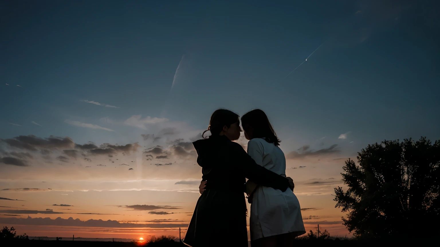 a 14 year old girl and her mom and dad saying goodbye to their loved ones, with emotions running high as they prepare to leave Earth, dirty skies at dusk
