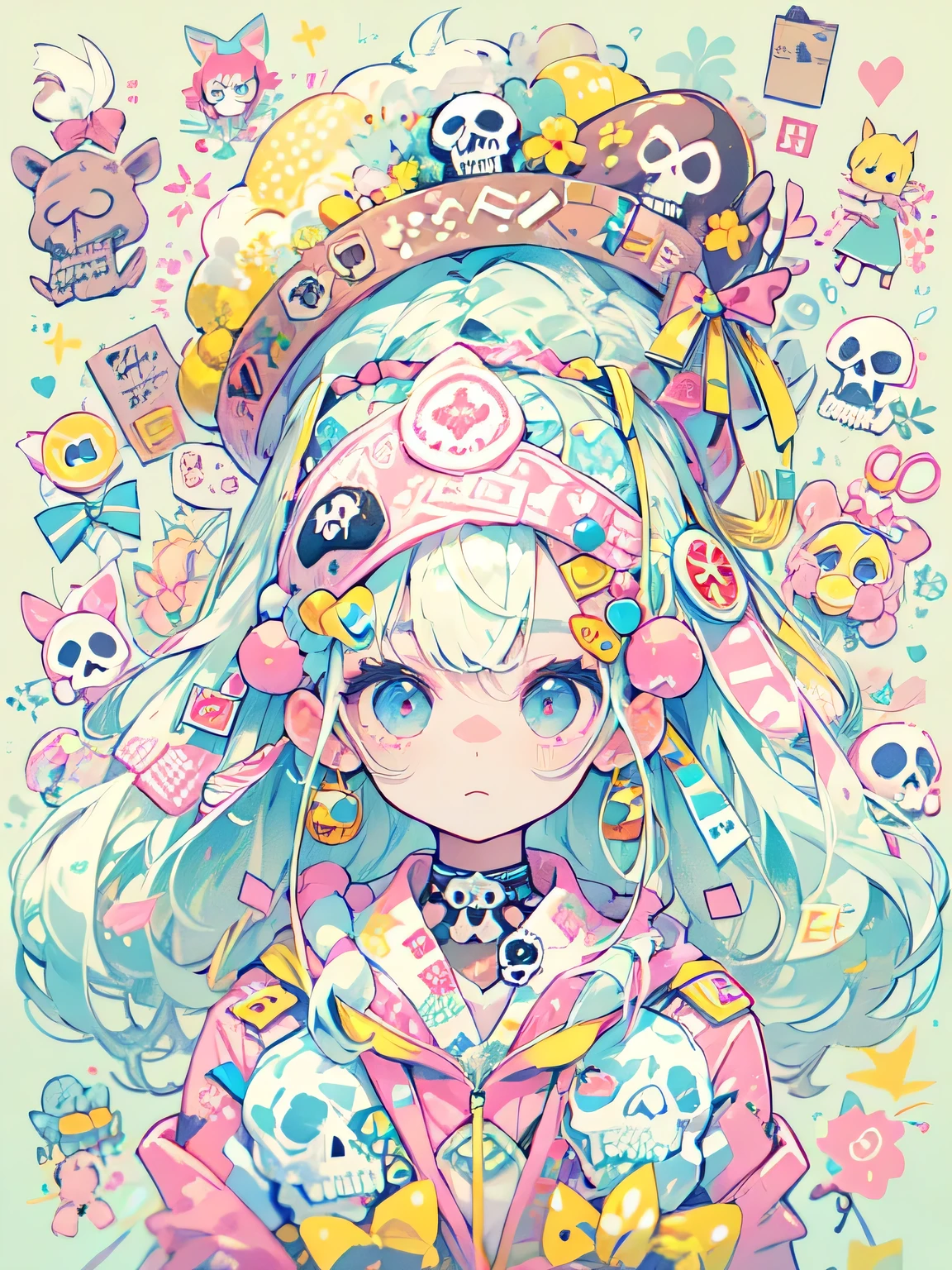 Fujio Akatsuka Style、"cute, beautiful, Adorable girl wearing pink clothes, yellow, and baby blue color scheme. She is wearing a costume with a SKULL motif inspired by a female pirate.。.。.。.。.。.。.... Fashionable hats, rock、Comes with decorative accessories such as hair clips. Embodying the vibrant and modern Harajuku fashion style。."