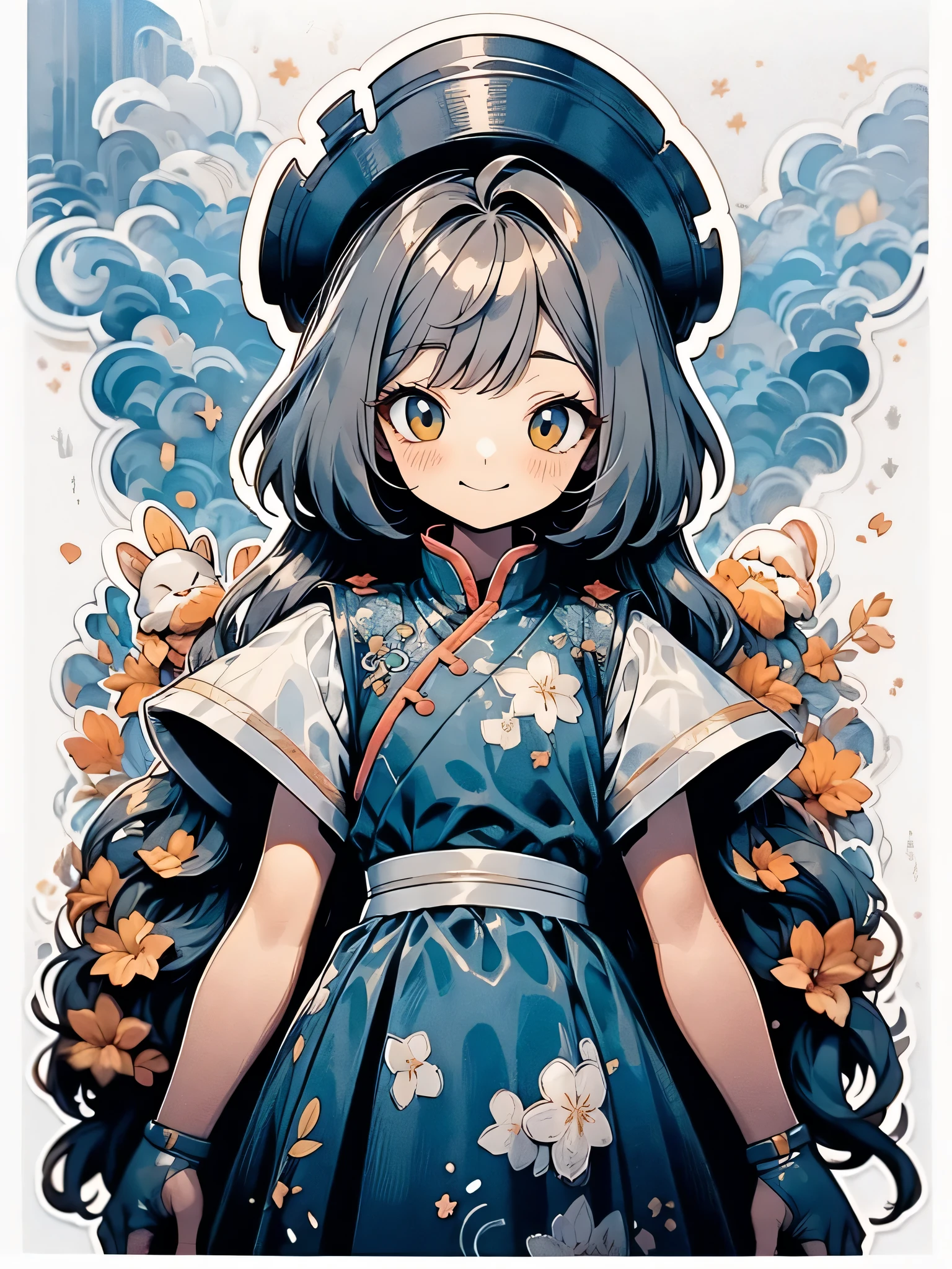 Knolling layout::2, cardcaptor sakura, Wearing a cheongsam with a blue and white porcelain pattern, Sky blue and white, high resolution
