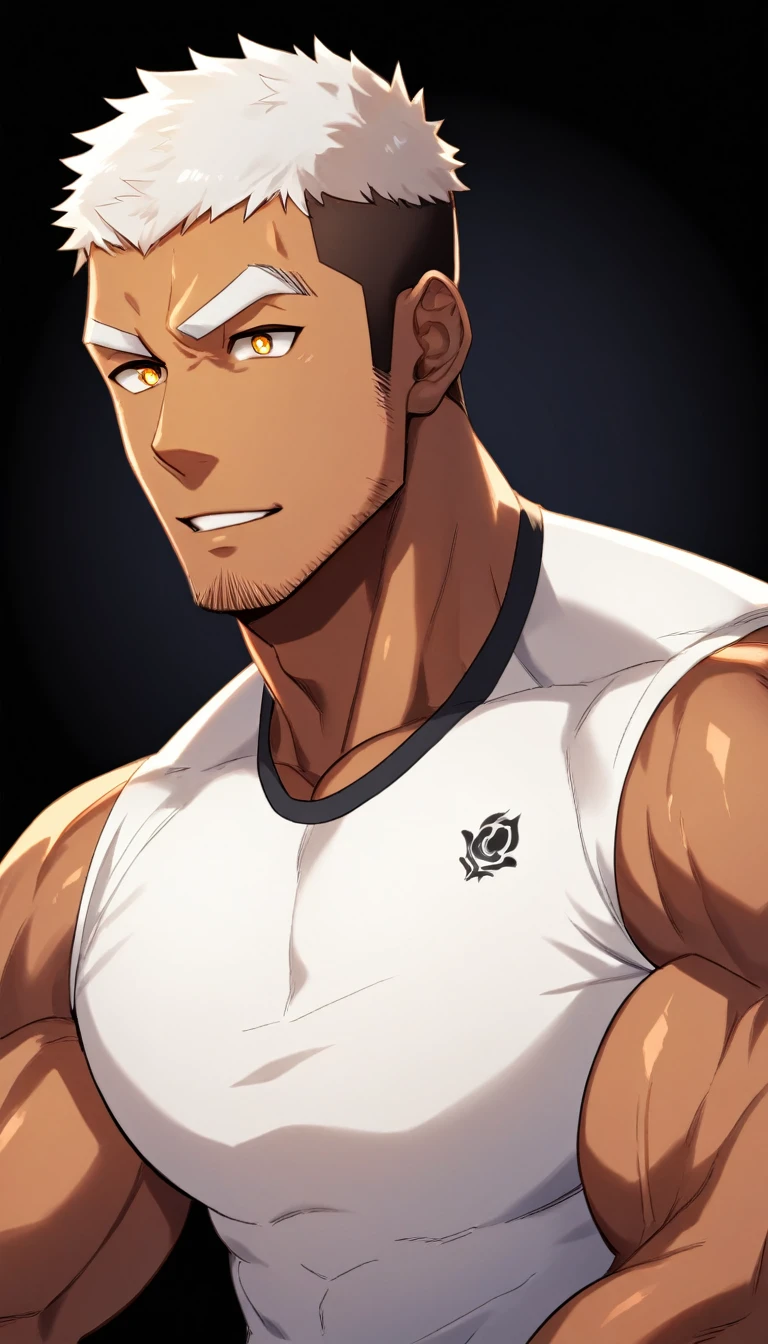anime characters:Gyee,Half-length photo, Fitness coach, Chocolate skin, 1 muscular tough guy, Manliness, male focus, Cream White Sleeveless Tight T-Shirt, Very tight, The pectoral muscles are oversized, Slightly transparent, muscular male, muscular, only, Upper body, alone, White short hair, Thick eyebrows, stubble, Yellow eyes, Black background, simple background, amazing quality, best aesthetics, Ridiculous, bright pupils, crew cut, parted lips, forced smile, drop shadow, best quality