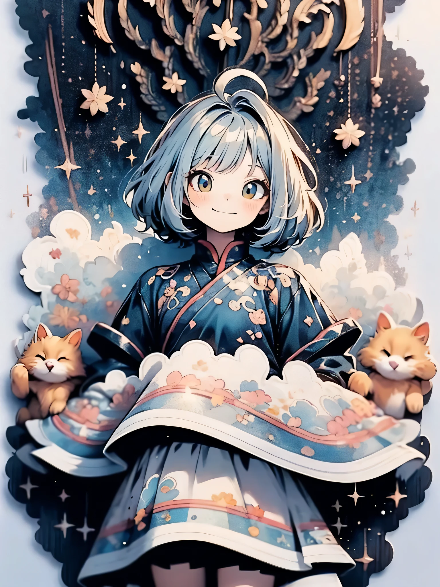 Knolling layout::2, cardcaptor sakura, Wearing a cheongsam with a blue and white porcelain pattern, Sky blue and white, high resolution