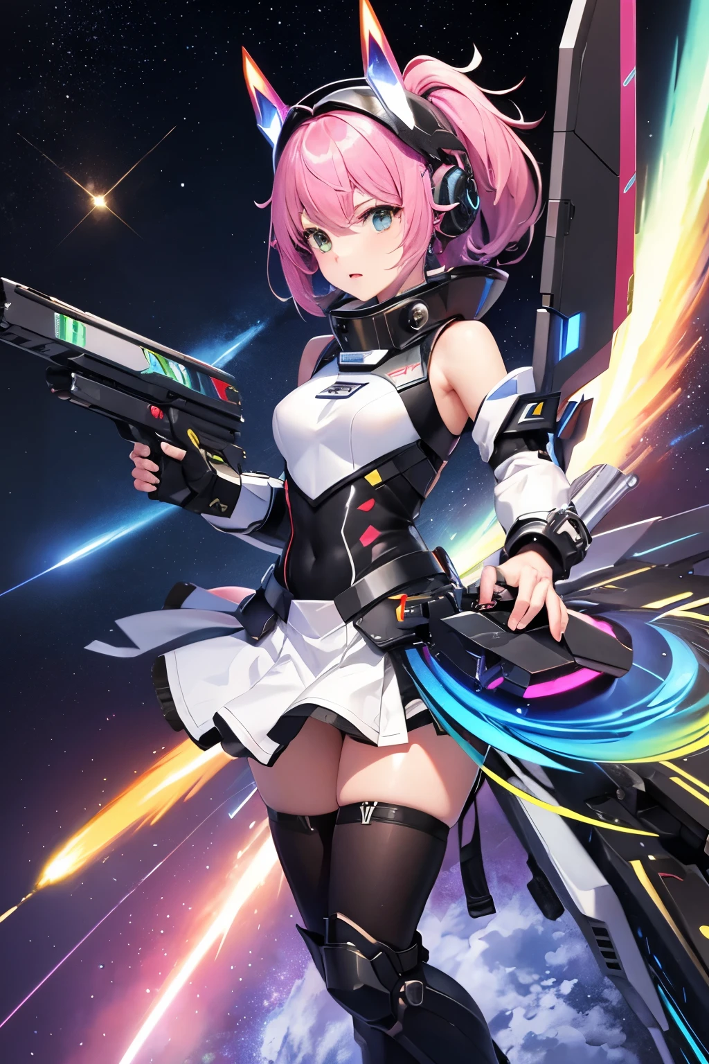 (((highest quality、first-clasasterpiece、Normal body、8k、Detailed face、Ultra-precision、Normal hand、Normal finger、5Finger、)))Brightly colored hair、Rainbow Hair、Rainbow Mechanical Angel、Large rainbow mechanical wings、Large booster、Large rainbow thruster、Visor Helmet、Armor Skirt、Thought-guided remote-controlled weapon、Funnel、Bit Weapon、Full Armor、Beam rifle、Rainbow Beam、Running through space、Full boost、Beam Sword、Fighting space monsters、Variable Beam Launcher、multi missile、Mega Beam Cannon、In combat、Dogfight、High Maneuver、Space War、fleet battle、Destroy enemy ships、High mega particle cannon firing、ultimate weapon、Multi-warhead missiles、Full burst、All-at-once sweep、Breaking the Limits、critical point breakthrough、Charged particle cannon、Meteors、Buster Rifle、ツインBuster Rifle最大出力