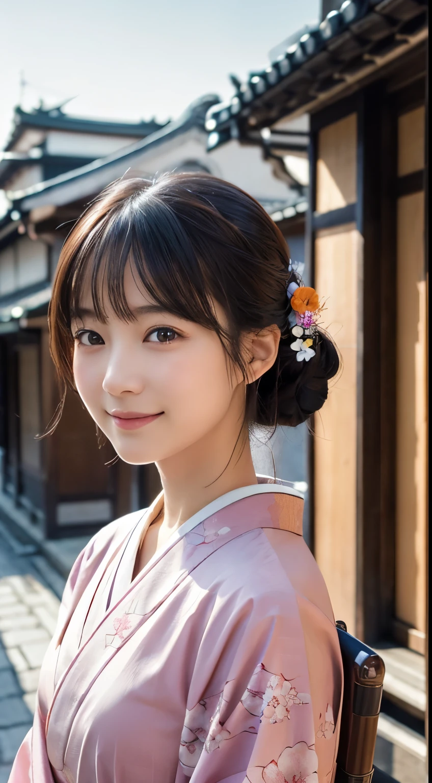 Professional Lighting,(Photorealistic:1.4), (Top image quality:1.0), (超A high resolution:1.0), 8k, Raw photography, (masterpiece:0.2), (Facing the children_v1:0.5)、(最高quality Detail:1.2)、Realistic、8K Ultra HD、High resolution、(1 girl:1.2)、超detailedな、High quality textures、複雑なdetailed、detailed、Very detailed CG、High quality shadows、detailed 美しく繊細な顔、Beautiful details and a delicate eye、(Symmetrical eyes:1.2),Written boundary depth、Ray Tracing,1 girl, Japanese Girls, (Natural smile:1.4),cute, thin, Portrait of a beautiful Japanese woman in a kimono, Standing elegantly on a street corner in Kyoto. Kimono with vibrant traditional patterns, Hair decorated with elegant and delicate hairpins, Gentle expression. (With the old streets of Kyoto in the background:1.4)、The soft light of a spring afternoon、Adding tranquility to the scene. Rendered in a Realistic style with great attention to detail, High resolutionの画像.Sky Porn, Magic Hour, (Realistic:1.3), finely, quality, (Tabletop:1.2), (Realistic:1.2), (最高quality), (複雑なdetailed), dramatic, Ray Tracing, photograph, +roller