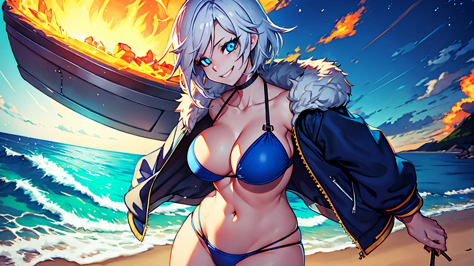 Toby Fox Undertale Sans Blue Jacket Bikini,Fire eyes, skull, smile, white short hair, glowing sexy keel cannon, standing on the beach, Super big breasts breast enlargement, looking at the camera