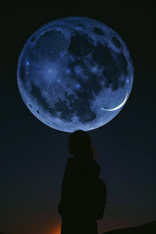 highest quality,Big moon and shadow,A silhouette of a person can be seen against the backdrop of a large moon.,There is one full moon,There is a mood,Beautiful scenery,Starry Sky