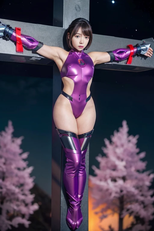 masterpiece,highest quality, 超A high resolution, (Realistic)、RAW Photos,(every time :1.2), ((One Japanese woman、Sexy design、Wearing a purple and red Ultraman suit、Crucified on a cold cross))、(Landscape Photography)、((Detailed depiction down to the tips of the hands and feet))、

sharp、Halter neck, Exposed thighs:1.4、Long gloves,Thigh-high boots, Stiletto heels、(((Shine)))、No headgear、

Black-haired:1.3, Short Bob Hair:1.2, Big eyes:1.5、Plump face、Solid eye makeup:1.5、Highly detailed eyes、Ample breasts、Looking at this、((whole body))、

Silver Cross、sharp形状、metal restraints、

Big Moon、Bright moonlight、Pink and red interpolated colors、Nebula Sky、