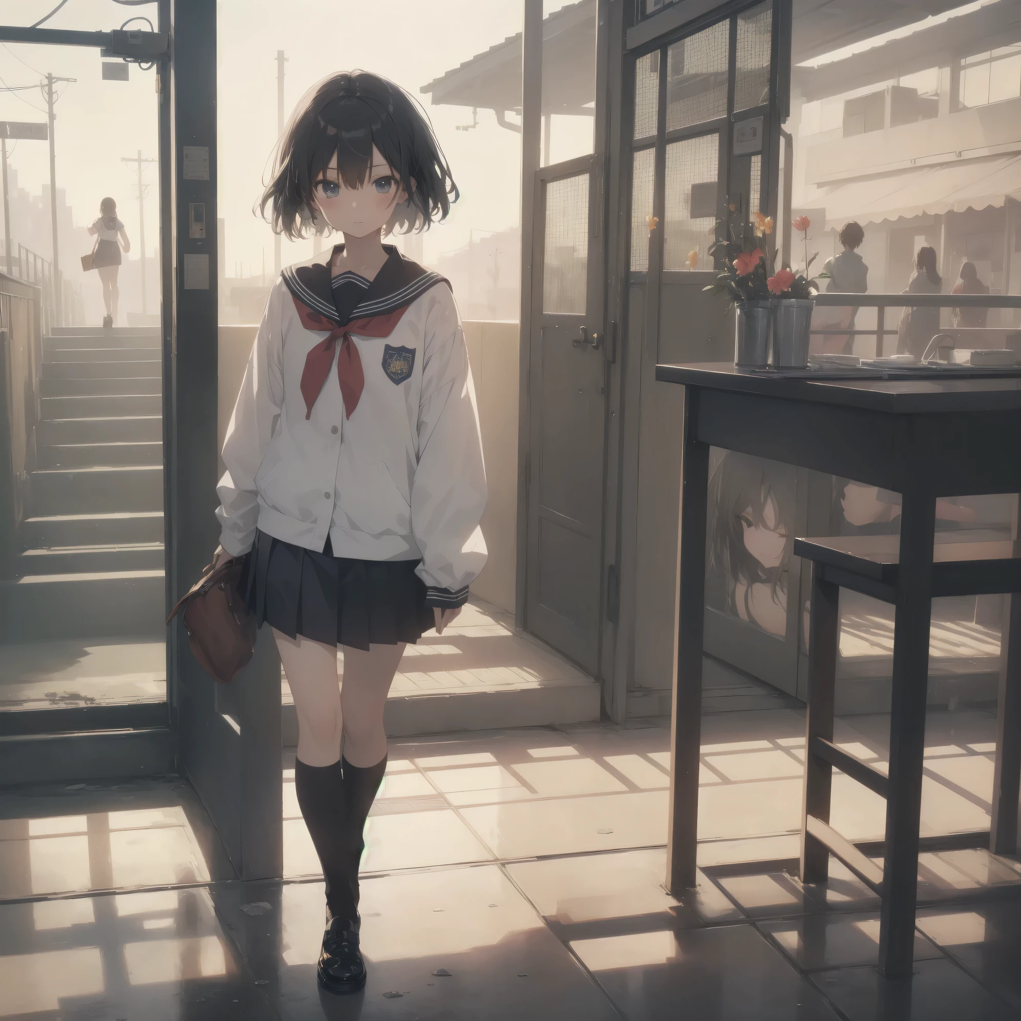 ultra-absurdres-Top quality by artist God, ultra-detailed, high resolution, anime moe artstyle, best anime 8k konachan wallpaper, pixiv contest winner, pool:2810, perfect anatomy,break, 1girl, (Please draw a girl walking sleepily to school alone. )break,(Solo,little female, 13-year-old:1.3),Full limbs, complete fingers,a junior high school student, (very short hair), short cut, flat chest, , small butt, small black eyes, beautiful detailed eyes, well-proportioned iris and pupils, expressive eyes, highres detailed hair, soft expression, salor school_uniform, sailor collar, serahuku, bow, pleated skirt,(Detailed Lighting), (Detailed background), in the School commute route. break,super detailed skin, Best cinematic lighting powered by famous artist, 8k,beauty illustration,photoshop_(medium),very aesthetic,break,((artist:ichimi )), artist:clamp ,artist:carnelian ,artist:kantoku ,