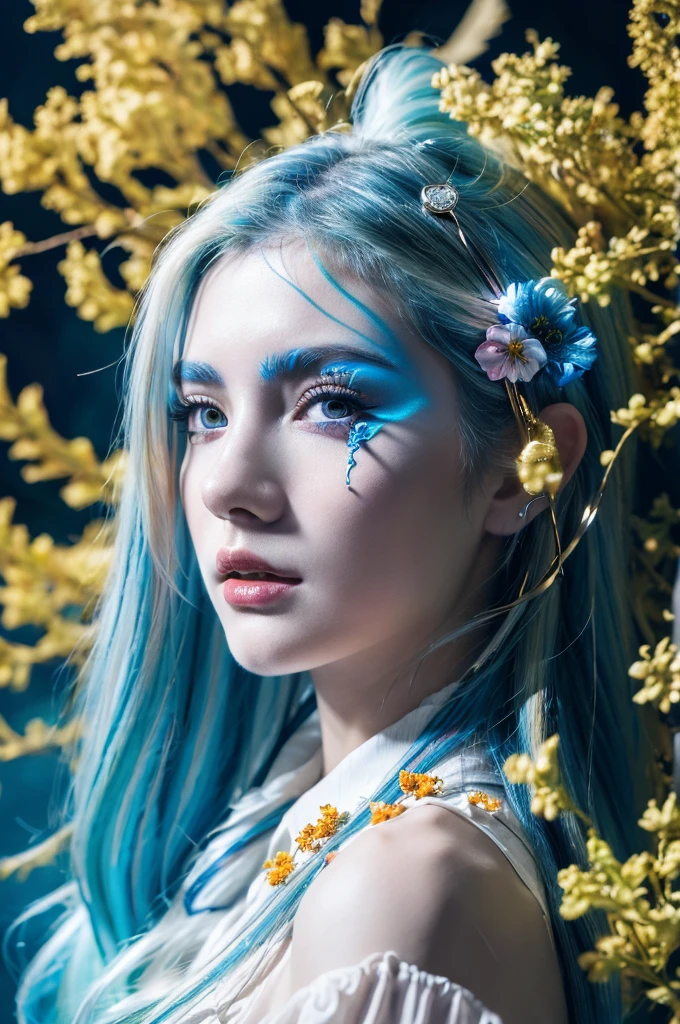 ( masterpiece, top quality, best quality,8k, girl,ultra detailed,raw photo:1.5),(photorealistic:1.4), (cinematic lighting), PerfectNwsjMajic, , Surrealism, UHD, ccurate, Super detail, textured skin, High detail, Best quality, dynamic angle, White skin,[Beautiful blue eyes], high nose,[flat chest:large breasts:0.5],(1girl),((good anatomy:0.5)),(covered in flowers:1.4), night sky, joint, interested in, fire and ice, (The image is divided into two，Available in a variety of colors:2), eyes blues, sapphire, liquid metal, night sky, (Look at an angle:1.3), (fire and ice), ((Lower chrome)), (hairpin:1.4), (forest:1.3), (fog: 1.3),  Subtle colors and tones, mystical aura ,dreamy atmosphere,expressive brush strokes, mystical ambiance, Artistic interpretation,Wonderland, blue glowing flowers tone, upper body, long hair,(blue streaked hair,white hair), river,water