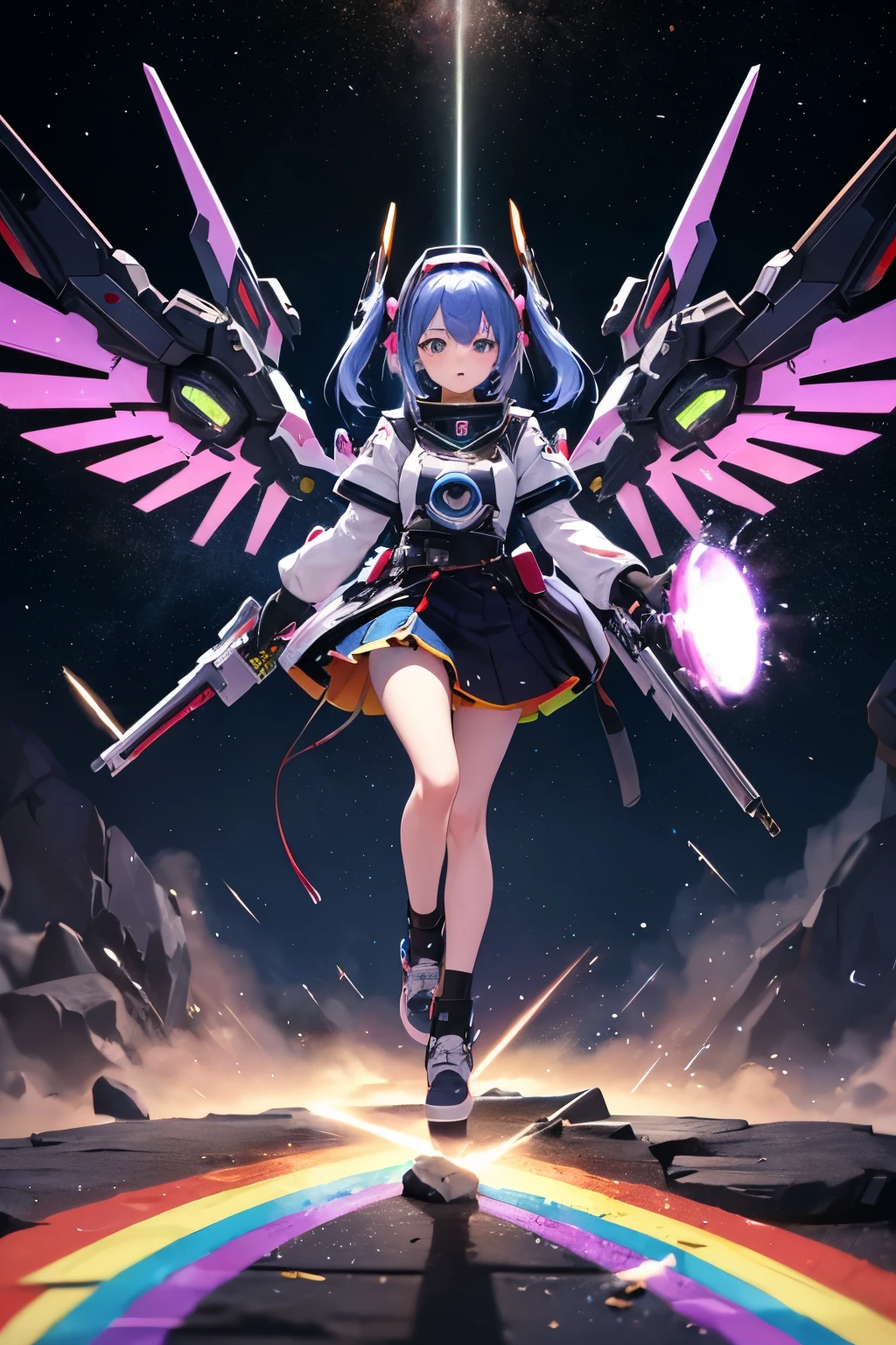 （（（highest quality、first-clasasterpiece、Normal body、8k、Detailed face、Ultra-precision、Normal hand、Normal finger、５Finger、）））Brightly colored hair、Rainbow Hair、Rainbow Mechanical Angel、Large rainbow mechanical wings、Large booster、Large rainbow thruster、Visor Helmet、Armor Skirt、Thought-guided remote-controlled weapon、Funnel、Bit Weapon、Full Armor、Beam rifle、Rainbow Beam、Running through space、Full boost、Beam Sword、Fighting space monsters、Variable Beam Launcher、multi missile、Mega Beam Cannon、In combat、Dogfight、High Maneuver、Space War、fleet battle、Destroy enemy ships、High mega particle cannon firing、ultimate weapon、Multi-warhead missiles、Full burst、All-at-once sweep、Breaking the Limits、critical point breakthrough、Charged particle cannon、Meteors、Buster Rifle、ツインBuster Rifle、Last Shooting、Shooting at the top