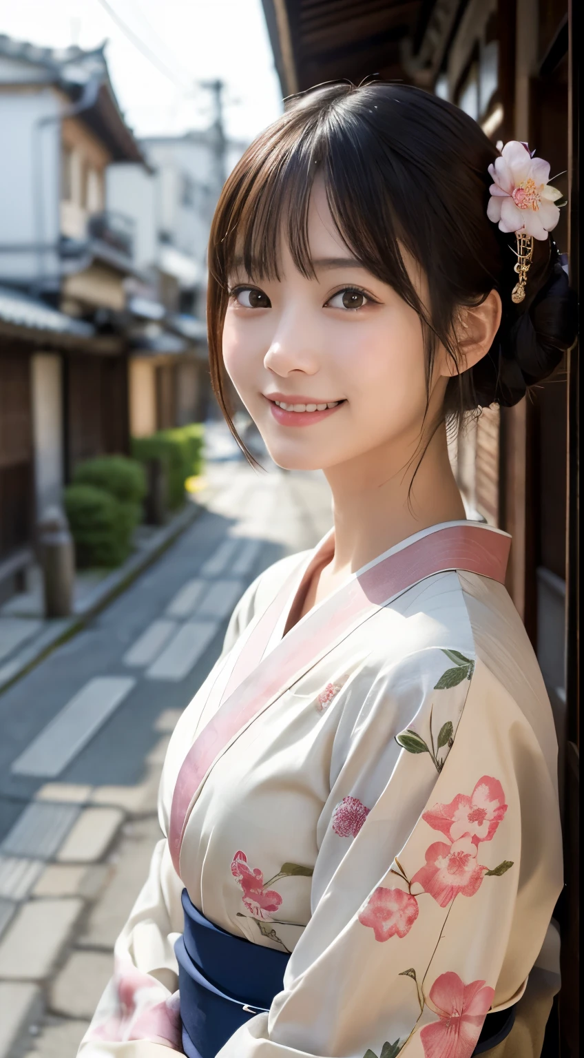 Professional Lighting,(Photorealistic:1.4), (Top image quality:1.0), (超A high resolution:1.0), 8k, Raw photography, (masterpiece:0.2), (Facing the children_v1:0.5)、(最高quality Detail:1.2)、Realistic、8K Ultra HD、High resolution、(1 girl:1.2)、超detailedな、High quality textures、複雑なdetailed、detailed、Very detailed CG、High quality shadows、detailed 美しく繊細な顔、Beautiful details and a delicate eye、(Symmetrical eyes:1.2),Written boundary depth、Ray Tracing,1 girl, Japanese Girls, (Natural smile:1.4),cute, thin, Portrait of a beautiful Japanese woman in a kimono, Standing elegantly on a street corner in Kyoto. Kimono with vibrant traditional patterns, Hair decorated with elegant and delicate hairpins, Gentle expression. (With the old streets of Kyoto in the background:1.4)、The soft light of a spring afternoon、Adding tranquility to the scene. Rendered in a Realistic style with great attention to detail, High resolutionの画像.Sky Porn, Magic Hour, (Realistic:1.3), finely, quality, (Tabletop:1.2), (Realistic:1.2), (最高quality), (複雑なdetailed), dramatic, Ray Tracing, photograph, +roller