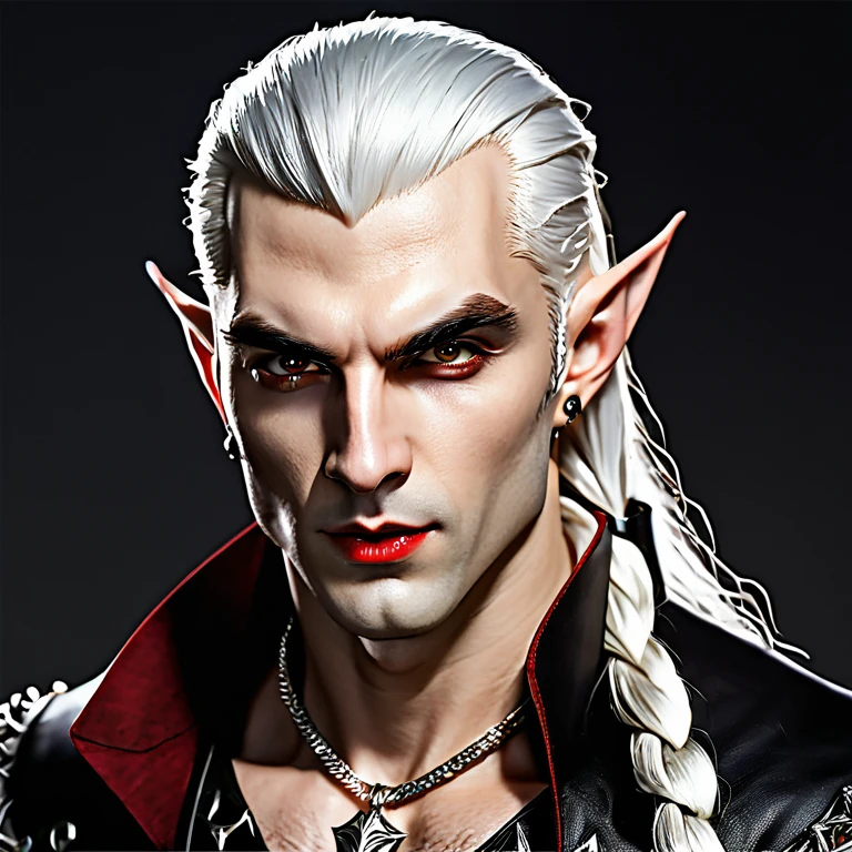hyperrealistic and heavy detailed modern ((dnd portrait)) of a sexy handsome vampire (lord) 1boy, (vivid big eyes), thin pale lips, piercings on lips and ears, pointy elf ears, masculine jawline, mutton chops beard style without mustache, long white hair braids on the sides, wearing long ((crazy fashion alternate costume)) with (draconic print), wearing thick silver necklace, detailed face, real, atmospheric, sharp, 8k, high textured, maximalist, atmospheric, raytracing, real life, (natural)