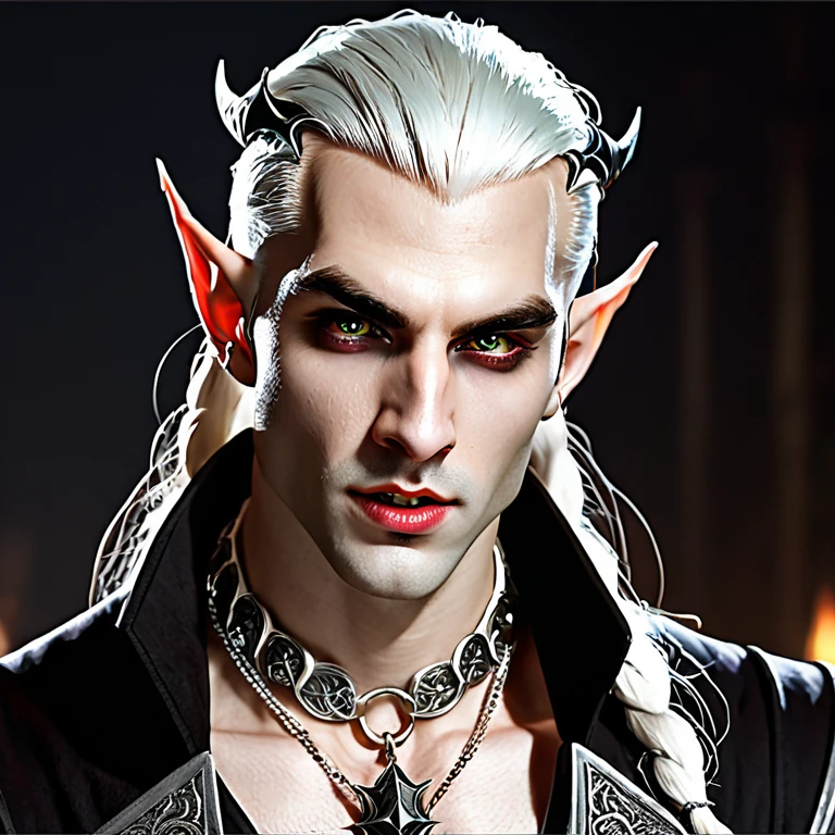 hyperrealistic and heavy detailed modern ((dnd portrait)) of a sexy handsome vampire (lord) 1boy, (vivid big eyes), thin pale lips, piercings on lips and ears, pointy elf ears, masculine jawline, mutton chops beard style without mustache, long white hair braids on the sides, wearing long ((crazy fashion alternate costume)) with (draconic print), wearing thick silver necklace, detailed face, real, atmospheric, sharp, 8k, high textured, maximalist, atmospheric, raytracing, real life, (natural)