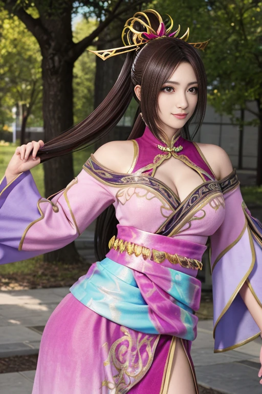 Diao Chan and men in Dynasty Warriors 8,超reality的な,hair ornaments,The perfect Diao Chan costume,Twin Tail Star Piece、Man and Diaochan couple,-yeld hischool stne Eyes、Puffy eyes、Bright outdoors,Bright downtown、highest quality, 超High resolution, (reality: 1.4), Cinema Lighting、Japanese、Asian Beauty、Korean、so beautiful、Beautiful Skin、Body facing forward、whole body,Upper Body、(超reality的な)、(High resolution)、(8k)、(Very detailed)、(美しくFine Eyes)、(Very detailed)、 (wall-)、Detailed face、Bright lighting、Professional Lighting、Looking at the audience、Look straight ahead、Diagonal bangs、Brown Hair、Nogizaka Idol、