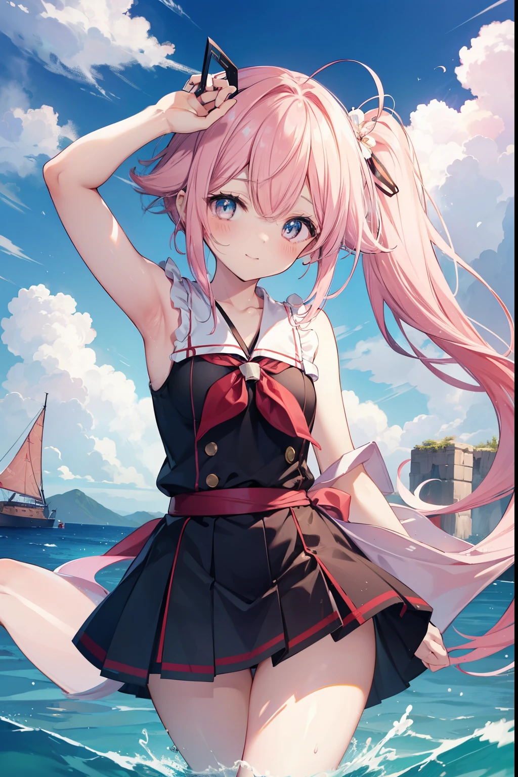 Harusame、blush,smile、Pink Hair、Side Ponytail、uniform、Fighting at sea、Primary school students、The back is very small、Lolita、Small breasts、Please show me your armpits、exterior: 14 years old、Shoulder Bare、The clavicle is visible、Sexy thighs、Beautiful feet、Usual hairstyle、highest quality, High resolution, unity 8k wallpaper, (shape:0.8), (Beautiful and beautiful eyes:1.6), Highly detailed face, Perfect lighting, Extremely detailed CG, (Perfect hands, Perfect Anatomy),