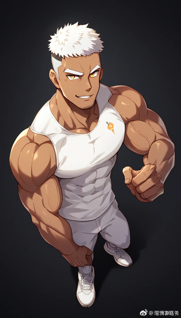 anime characters：Gyee，Full body photo，Fitness coach, Chocolate skin, 1 muscular tough guy, Manliness, male focus, Cream White Sleeveless Tight T-Shirt, Very tight, The pectoral muscles are oversized, Slightly transparent, muscular male, muscular, only, Upper body, alone, White short hair, Thick eyebrows, stubble, Yellow eyes, Black background, simple background, amazing quality, best aesthetics, Ridiculous, bright pupils, crew cut, parted lips, forced smile, drop shadow, best quality