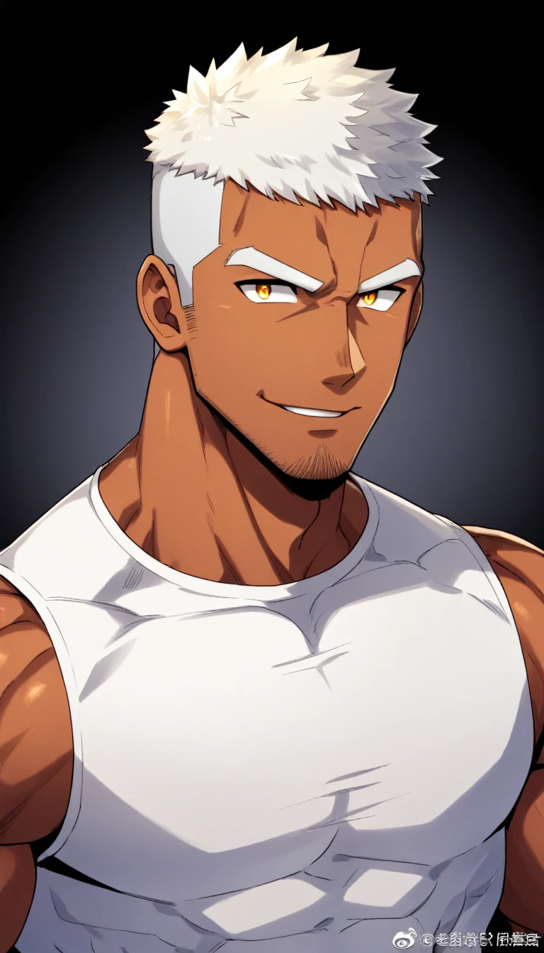 anime characters：Gyee，Full body photo，Fitness coach, Chocolate skin, 1 muscular tough guy, Manliness, male focus, Cream White Sleeveless Tight T-Shirt, Very tight, The pectoral muscles are oversized, Slightly transparent, muscular male, muscular, only, Upper body, alone, White short hair, Thick eyebrows, stubble, Yellow eyes, Black background, simple background, amazing quality, best aesthetics, Ridiculous, bright pupils, crew cut, parted lips, forced smile, drop shadow, best quality