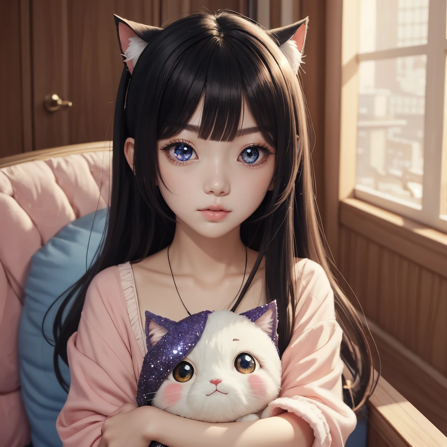 Adorable kawaii anime girl with black hair, big sparkly eyes, holding a plush toy, pastel colors, soft lighting, by Sakimichan and Nekopara team, digital painting style.