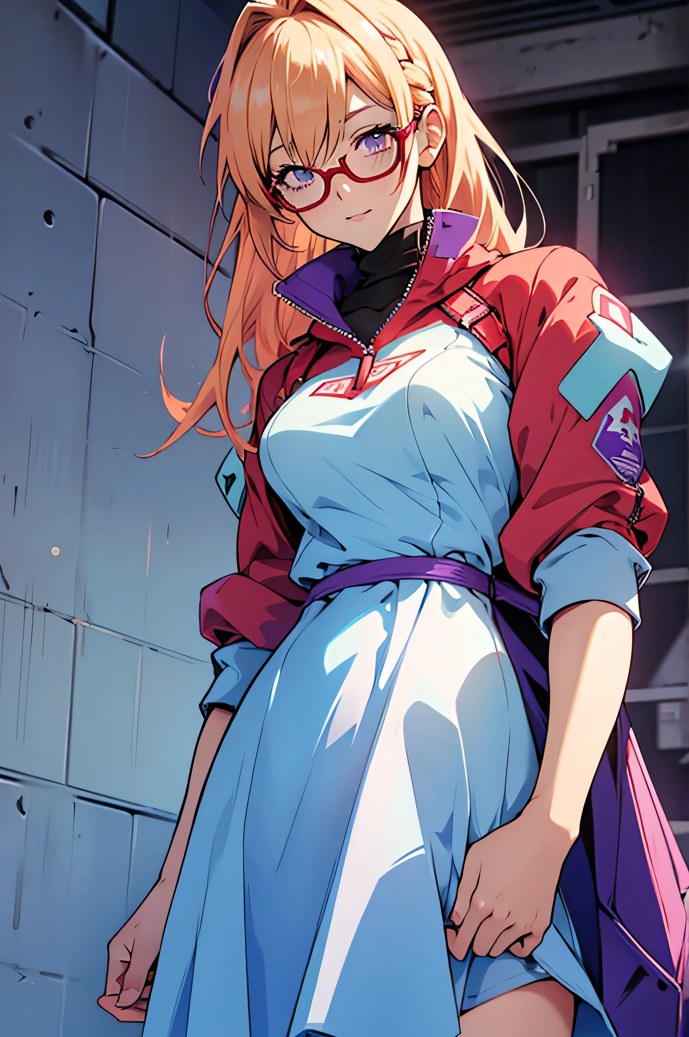 anime,An illustration,purple robot,Mobile Suit,Dom,Light blue check dress,Red glasses,Blonde,Light blue mesh hair,beautiful girl,Sora Sakurano,one person