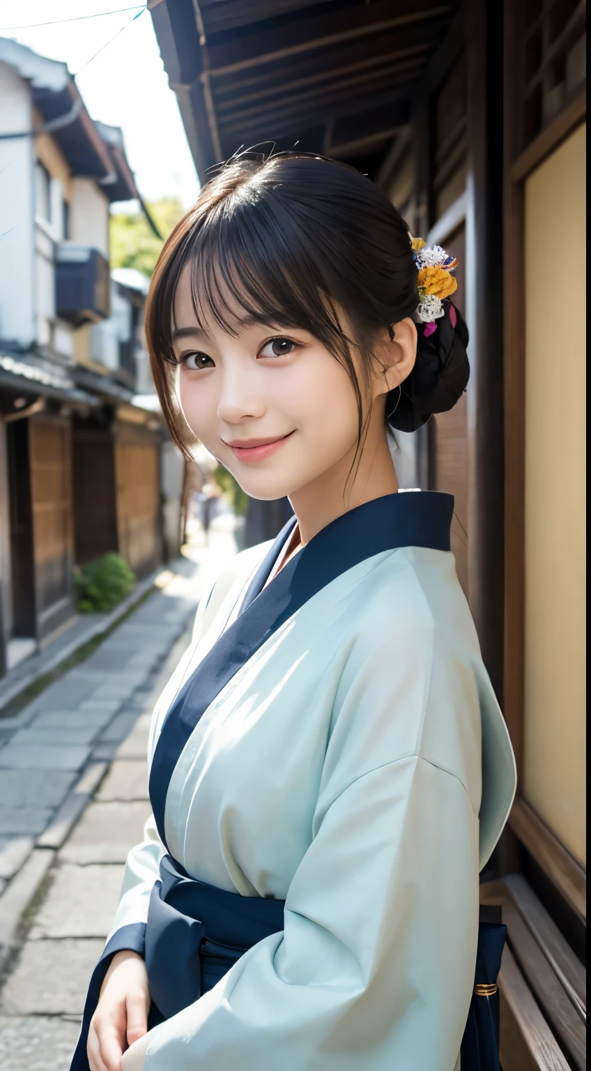 Professional Lighting,(Photorealistic:1.4), (Top image quality:1.0), (超A high resolution:1.0), 8k, Raw photography, (masterpiece:0.2), (Facing the children_v1:0.5)、(最高quality Detail:1.2)、Realistic、8K Ultra HD、High resolution、(1 girl:1.2)、超detailedな、High quality textures、複雑なdetailed、detailed、Very detailed CG、High quality shadows、detailed 美しく繊細な顔、Beautiful details and a delicate eye、(Symmetrical eyes:1.2),Written boundary depth、Ray Tracing,1 girl, Japanese Girls, (Natural smile:1.4),cute, thin, Portrait of a beautiful Japanese woman in a kimono, Standing elegantly on a street corner in Kyoto. Kimono with vibrant traditional patterns, Hair decorated with elegant and delicate hairpins, Gentle expression. (With the old streets of Kyoto in the background:1.4)、The soft light of a spring afternoon、Adding tranquility to the scene. Rendered in a Realistic style with great attention to detail, High resolutionの画像.Sky ????, Magic Hour, (Realistic:1.3), finely, quality, (Tabletop:1.2), (Realistic:1.2), (最高quality), (複雑なdetailed), dramatic, Ray Tracing, photograph, +roller